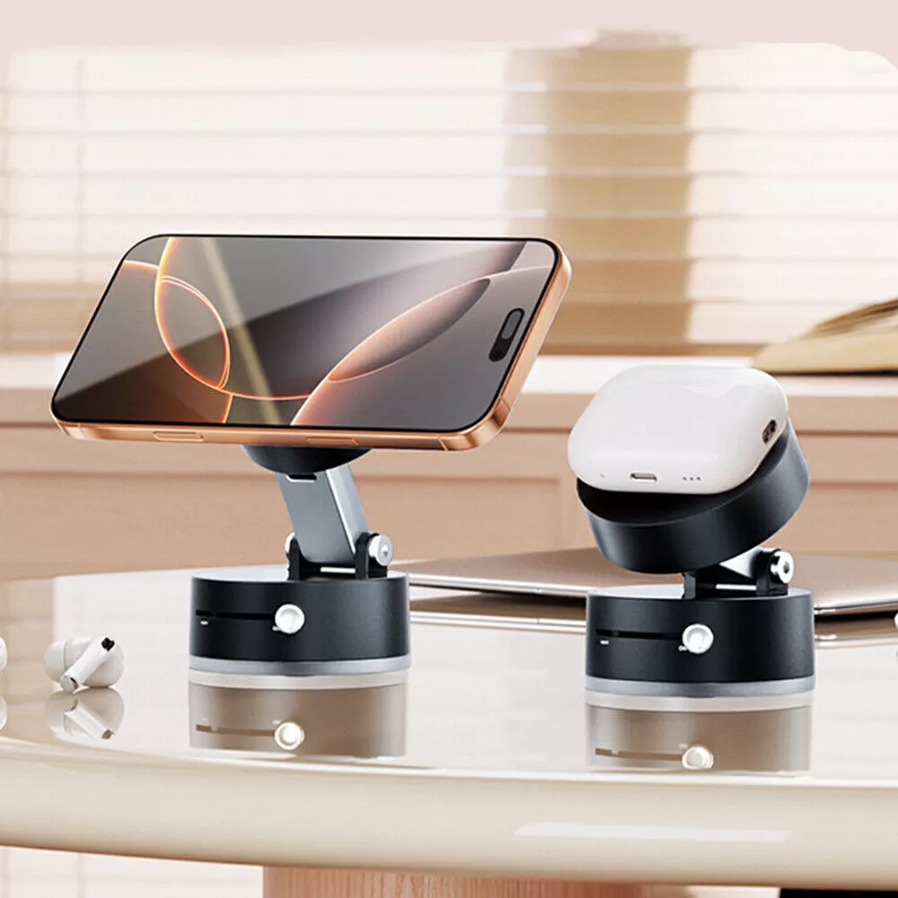 Zwei schwarze Telefonständer, die Telefone und Ohrhörer halten. Die Telefone sind gold und schwarz.