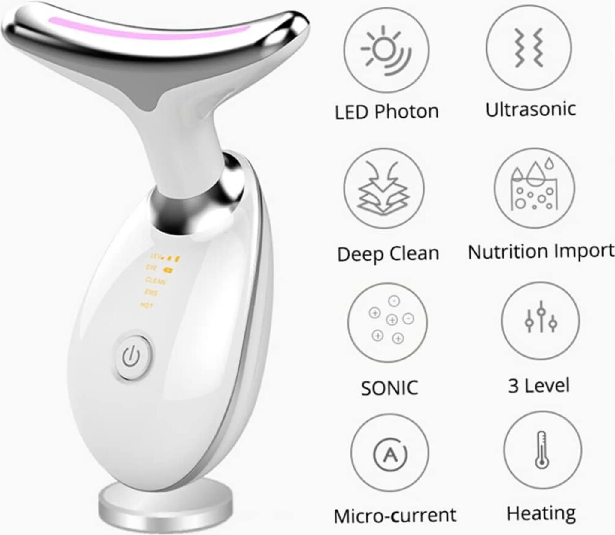 Ein weißes und silbernes Nackenmassagegerät mit Symbolen, die LED-Photonen, Ultraschall, Tiefenreinigung und mehr zeigen.