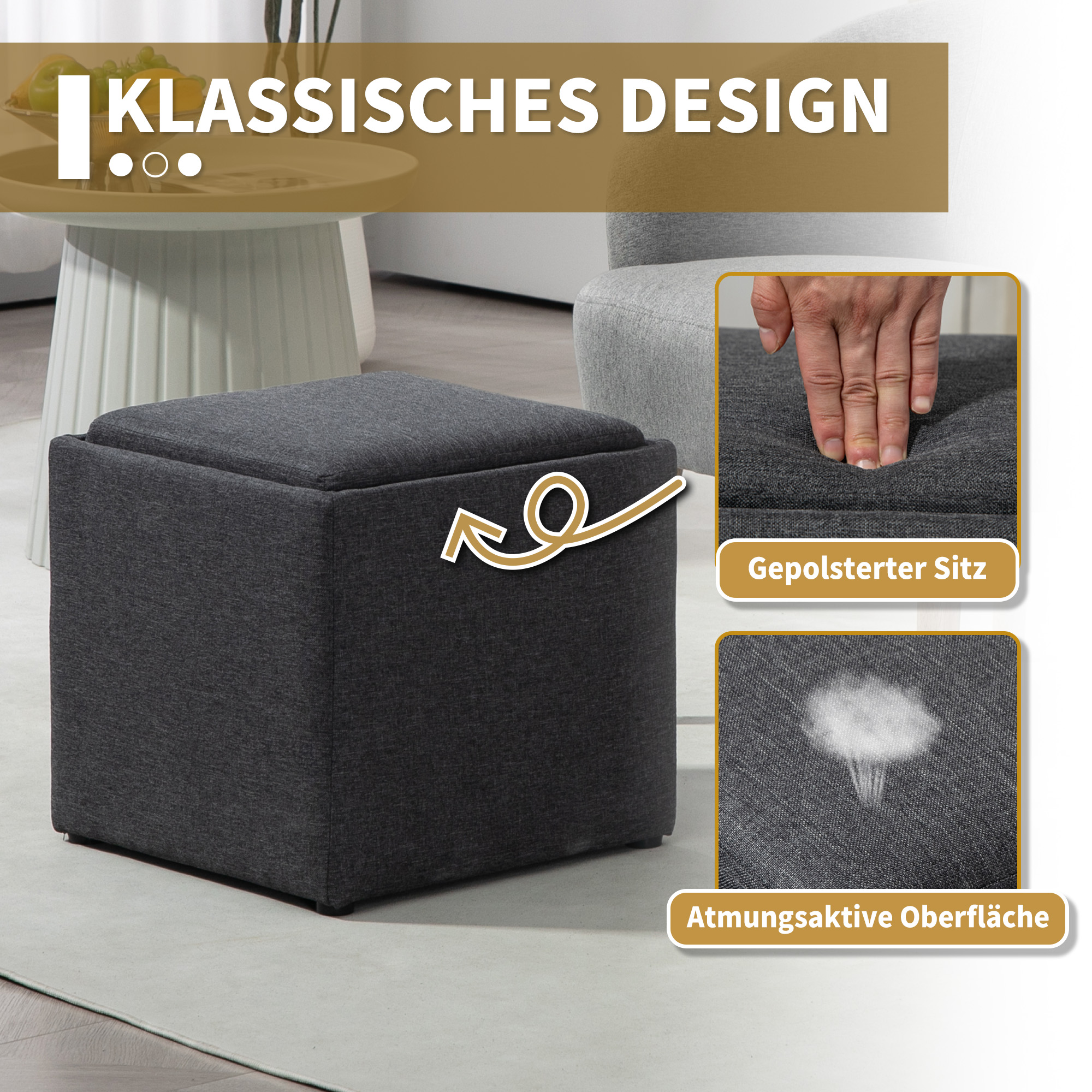 Ein grauer Ottoman mit Deckel. Text sagt 'klassisches Design' mit Bildern, die einen gepolsterten Sitz und eine atmungsaktive Oberfläche zeigen.