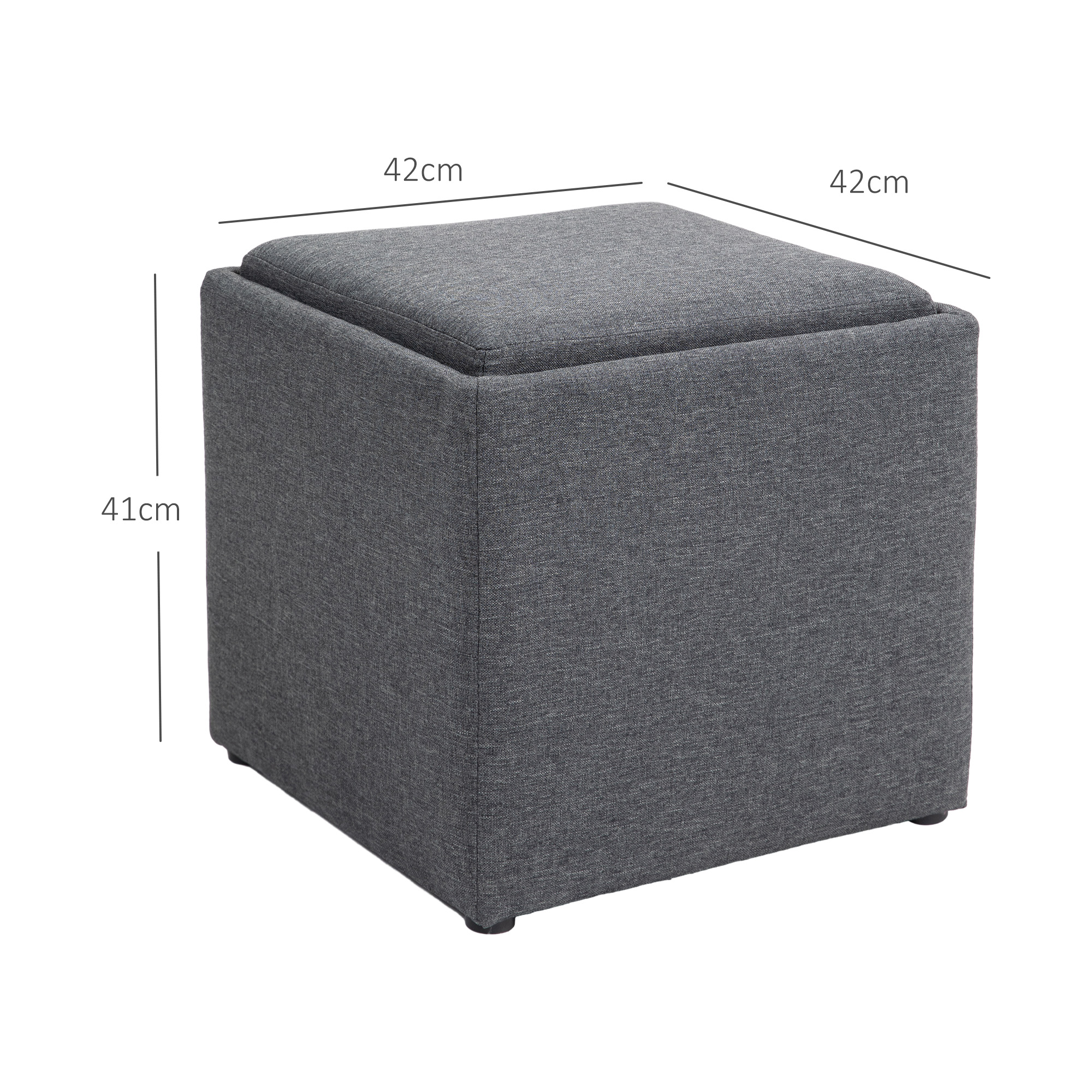 Grauer quadratischer Hocker, Maße beschriftet. Die Oberseite ist flach, was auf einen Deckel hindeutet. Er ist auf weißem Hintergrund.