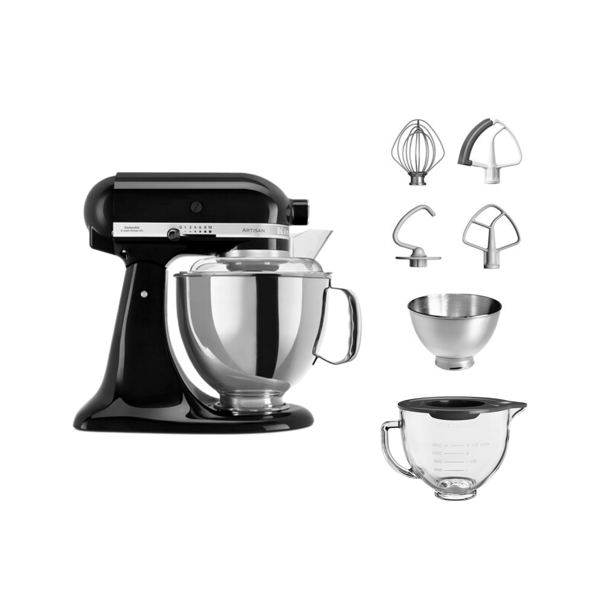 Ein schwarzer und silberner KitchenAid-Mixer mit Zubehör.