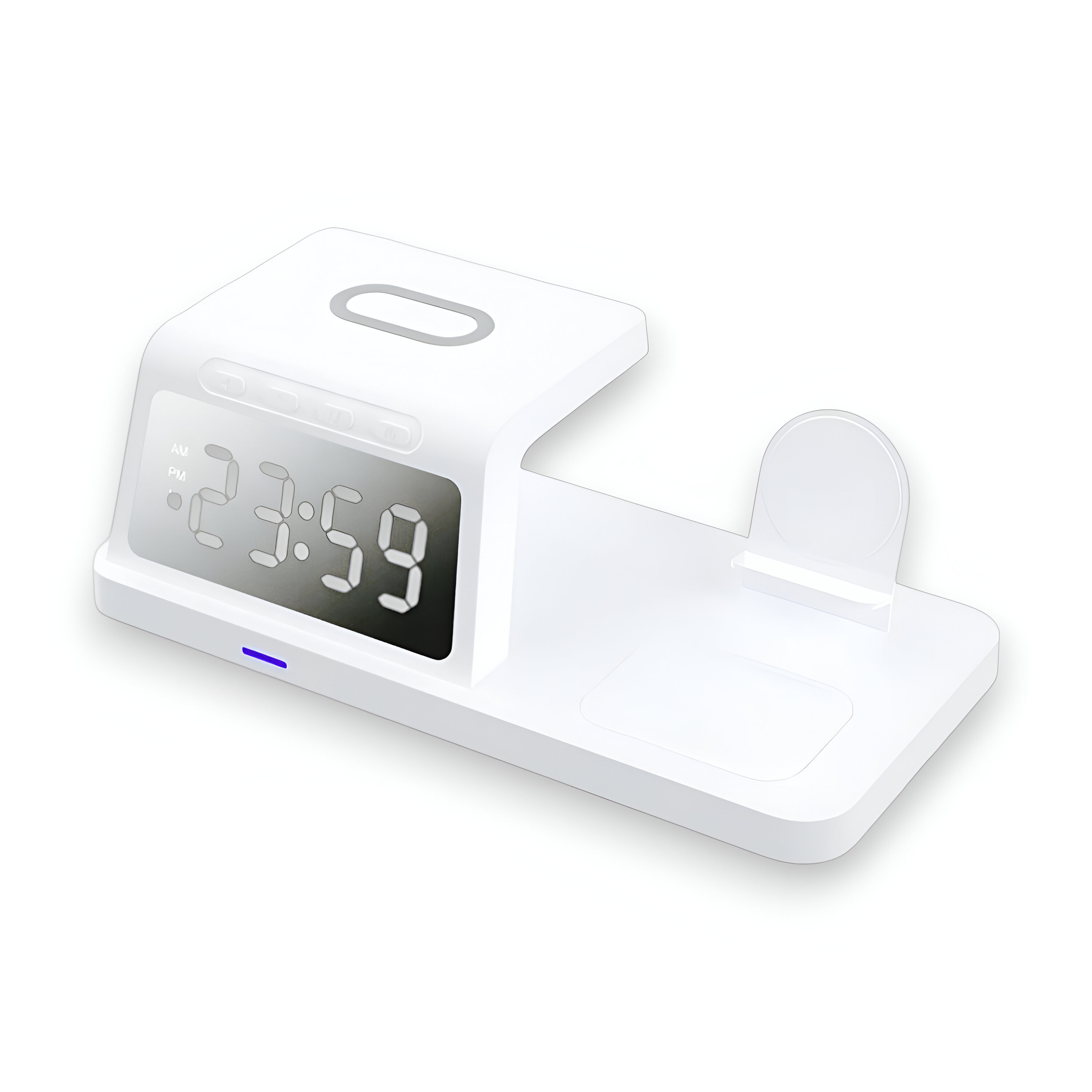Cargador inalámbrico blanco con reloj digital y plataformas de carga para teléfono y reloj sobre superficie blanca.