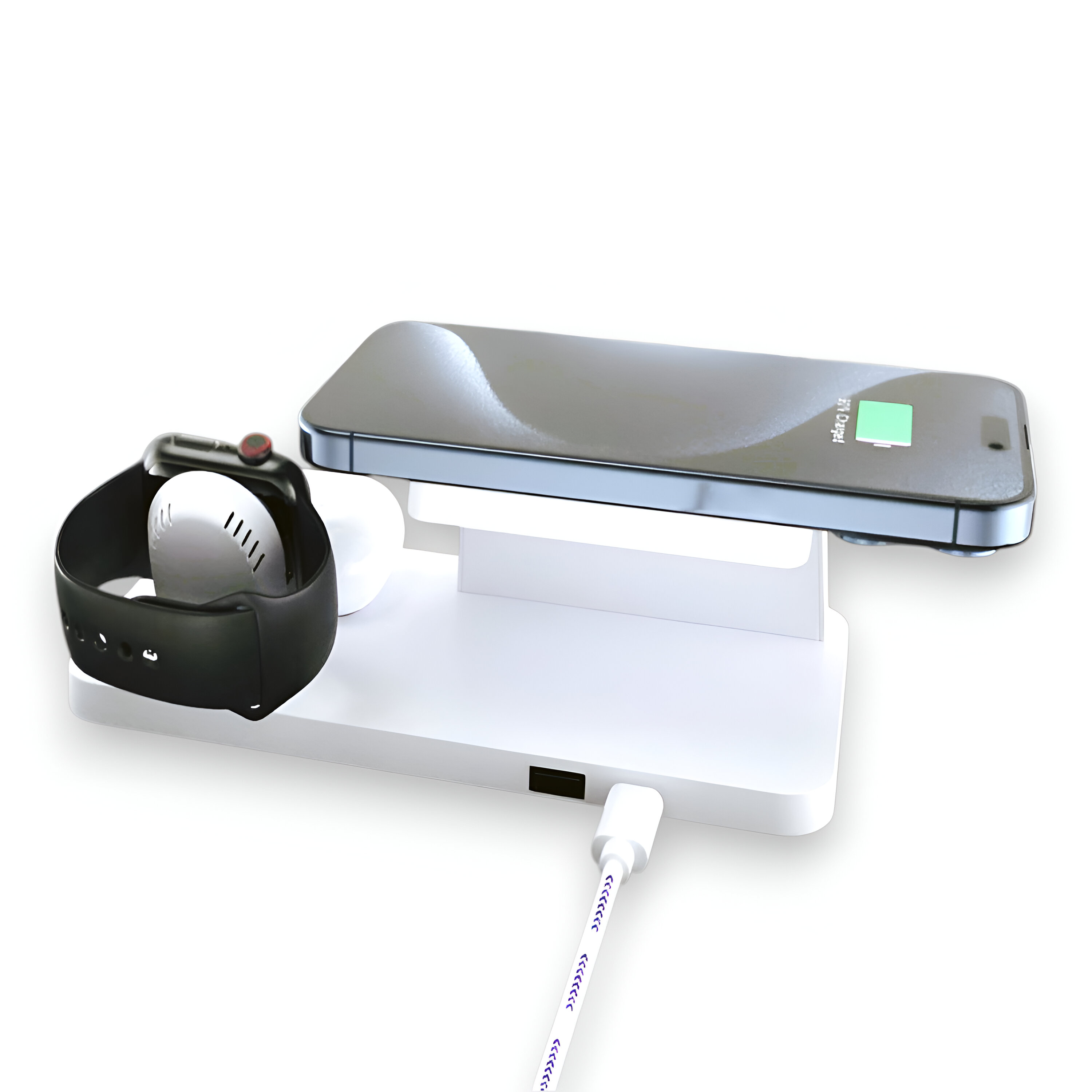 Estación de carga blanca con teléfono, reloj y auriculares.