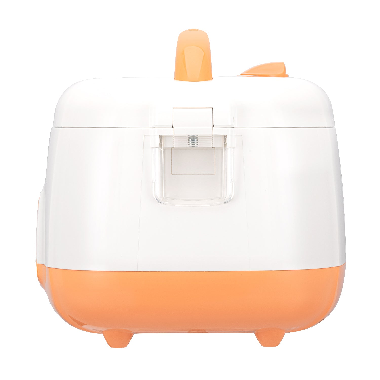 Biało-pomarańczowy garnek do ryżu, widok z boku z zamkniętą pokrywą.