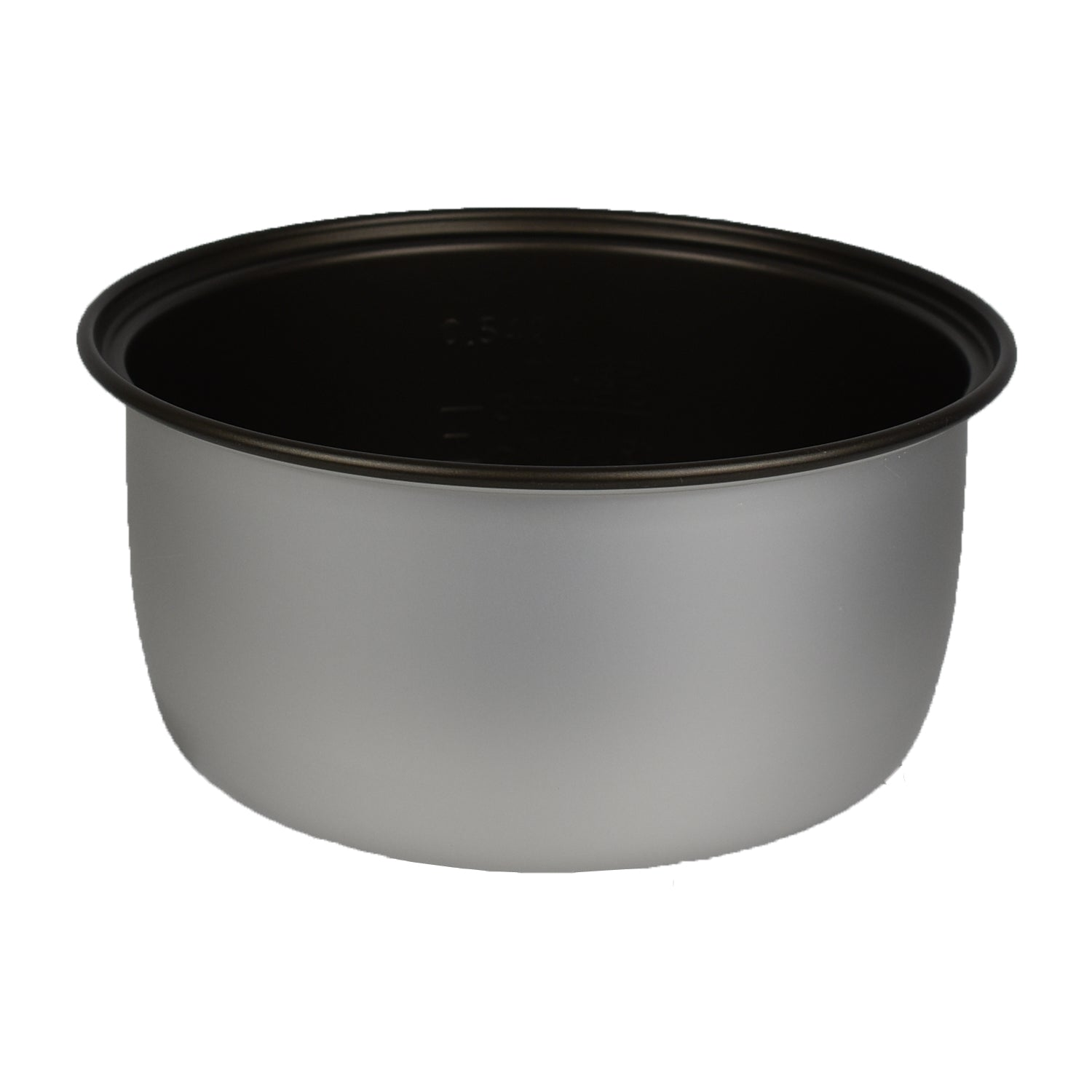 Srebrny garnek wewnętrzny. Jest to metalowy pojemnik z czarną obręczą i srebrnym korpusem, pusty.