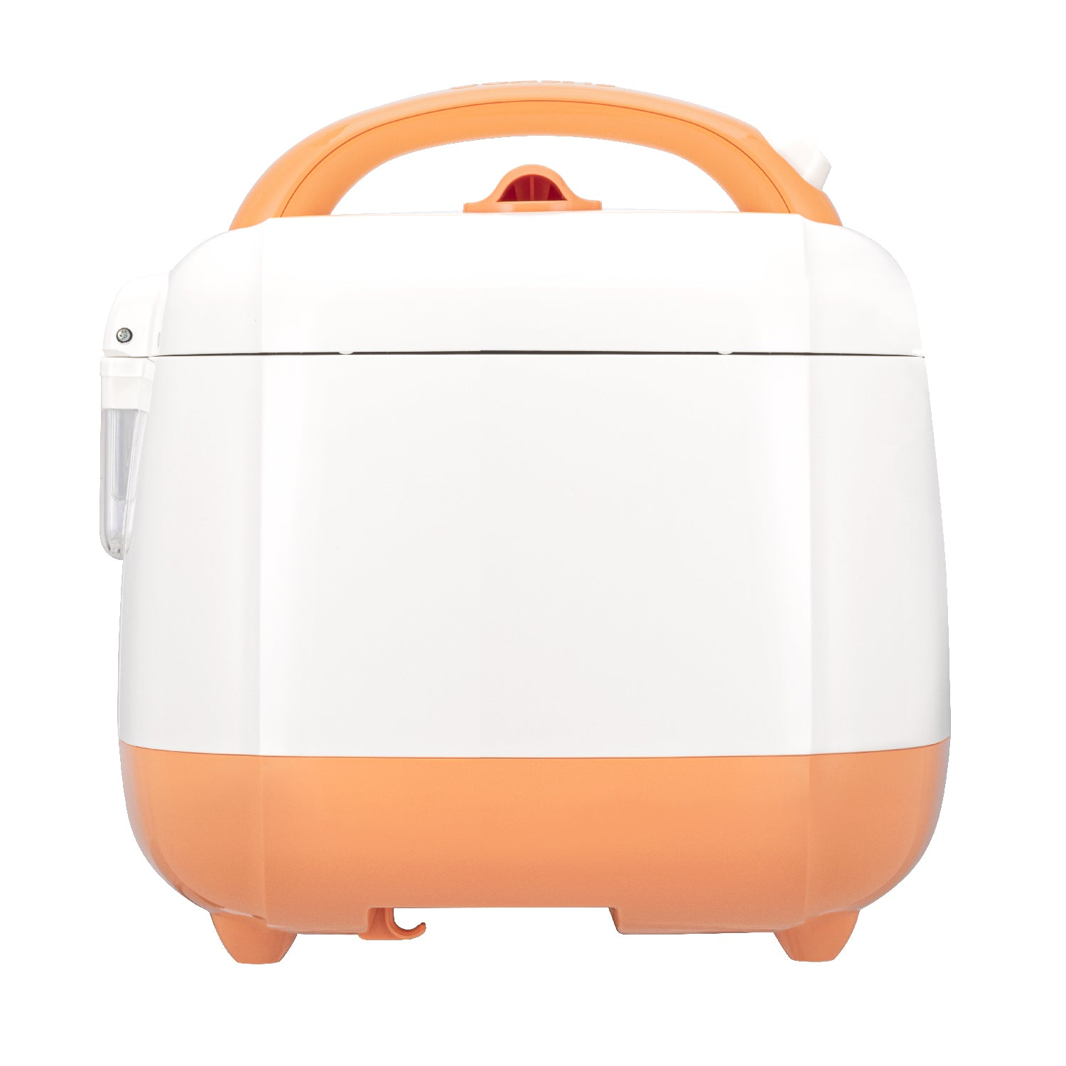 Białe i pomarańczowe urządzenie do gotowania ryżu, z uchwytem na górze. Urządzenie do gotowania ryżu ma pomarańczową podstawę.