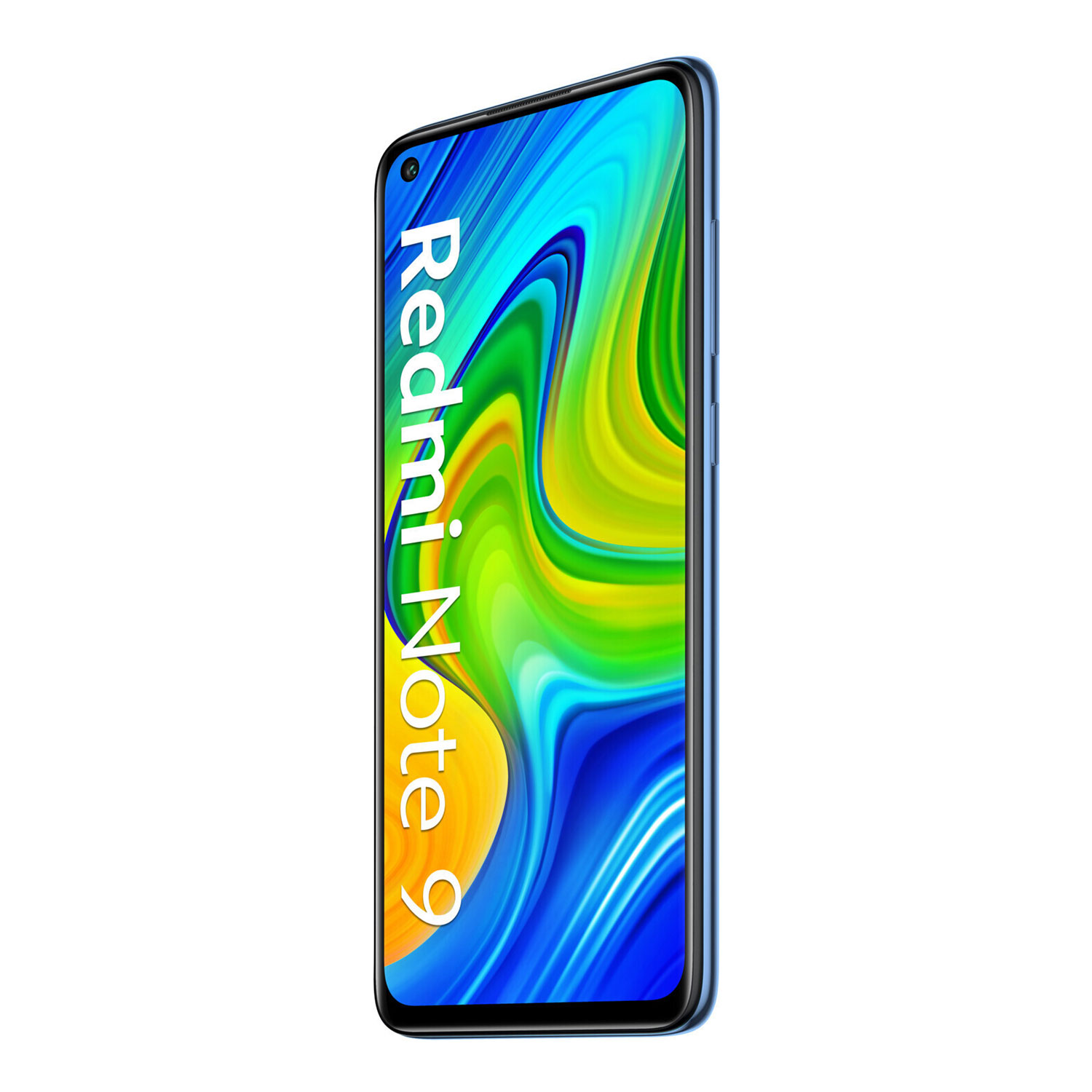 Blue phone showing screen with Redmi Note 9 text.