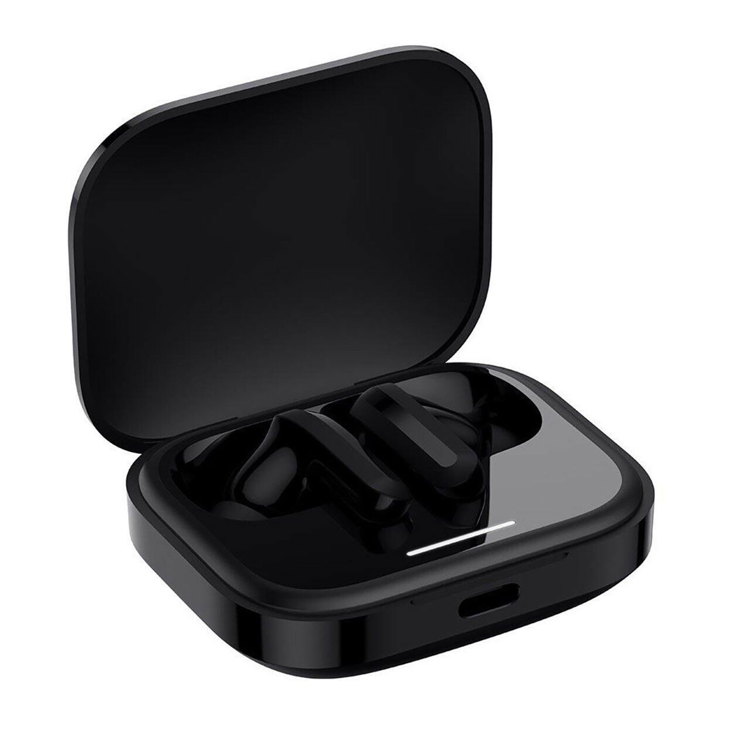 Auriculares negros en estuche abierto.