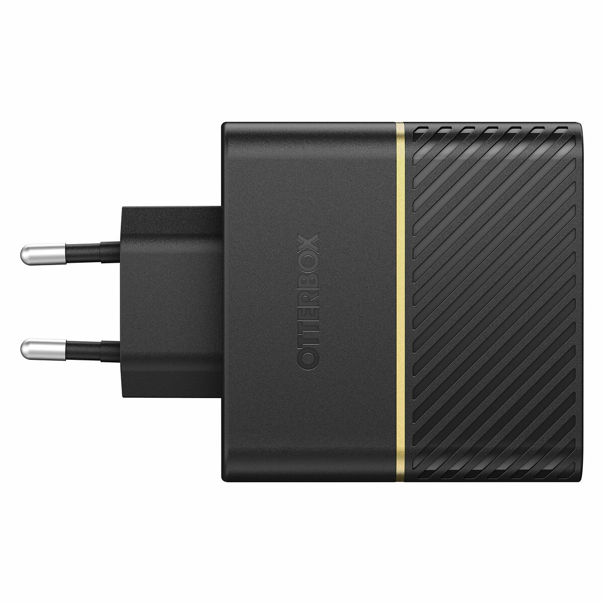 Cargador de pared Otterbox negro con un acento dorado, aislado sobre blanco.