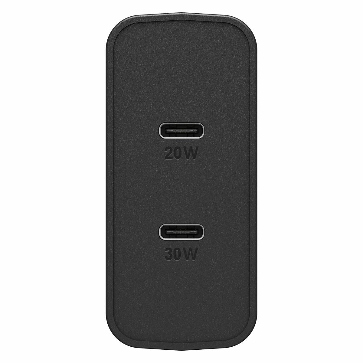 Cargador USB-C negro con puertos de 20W y 30W, aislado sobre blanco.