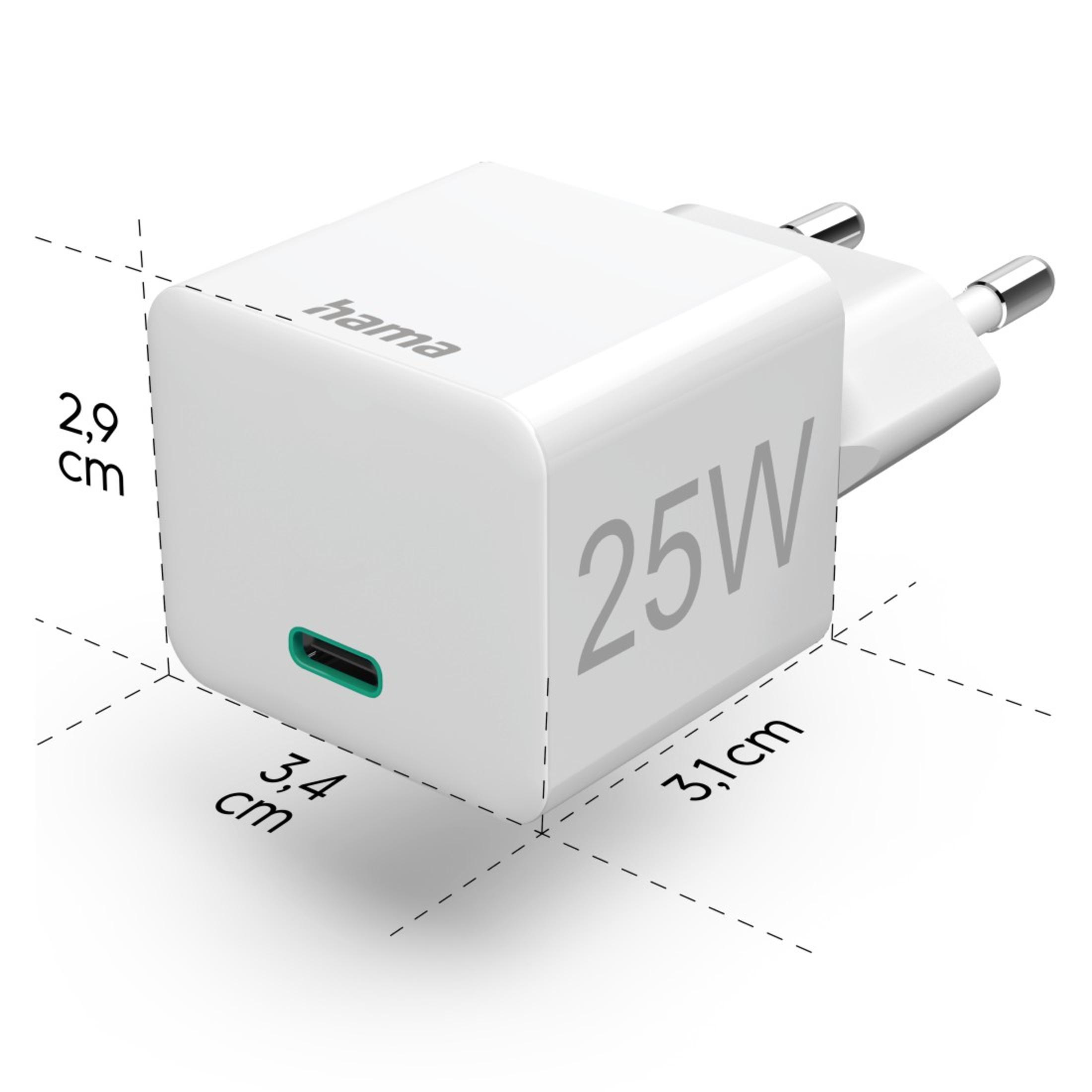 Biała ładowarka Hama 25W, port USB-C, z wymiarami. Wtyczka europejska.