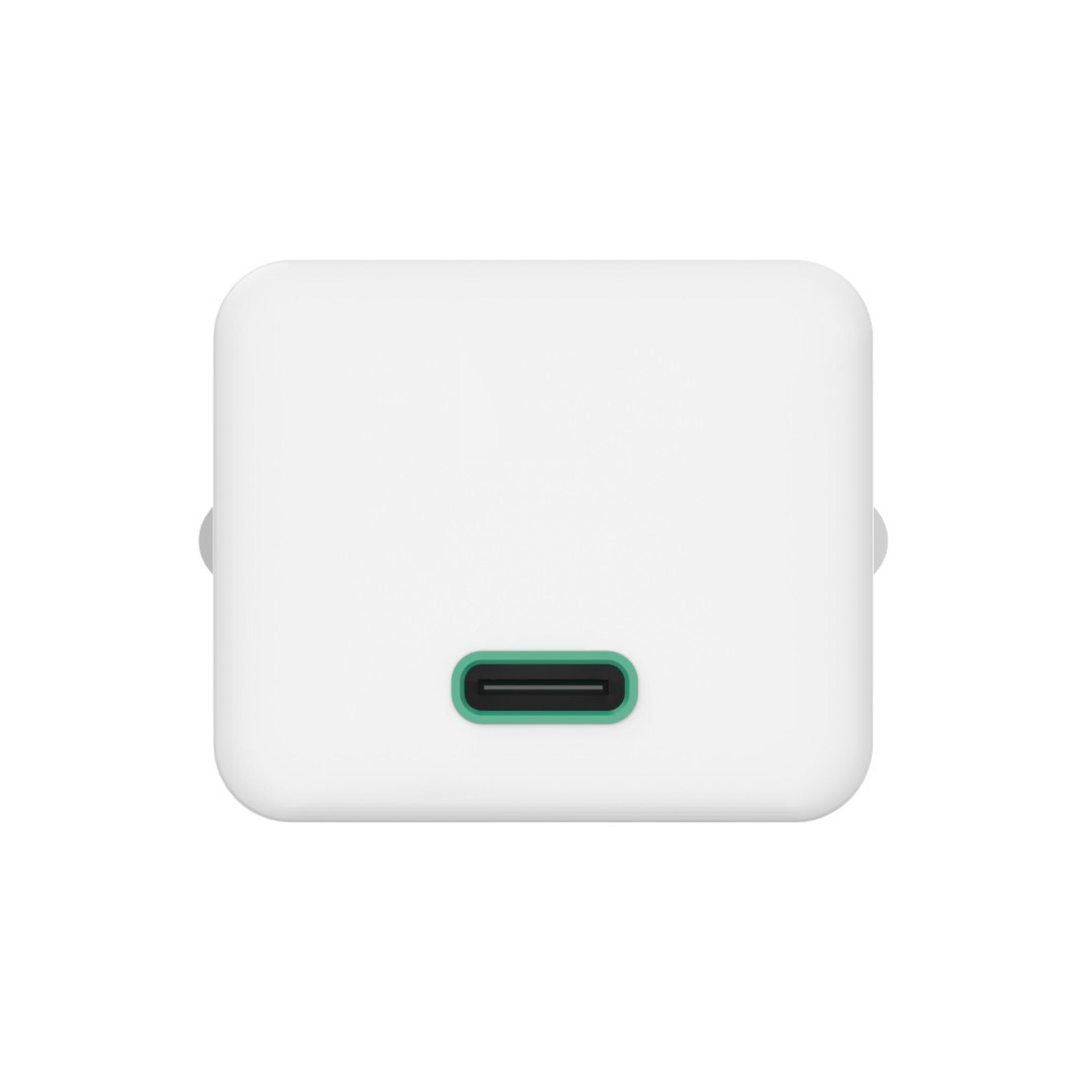 Biała ładowarka z portem USB-C, widok z góry, z zielonym obrysem.