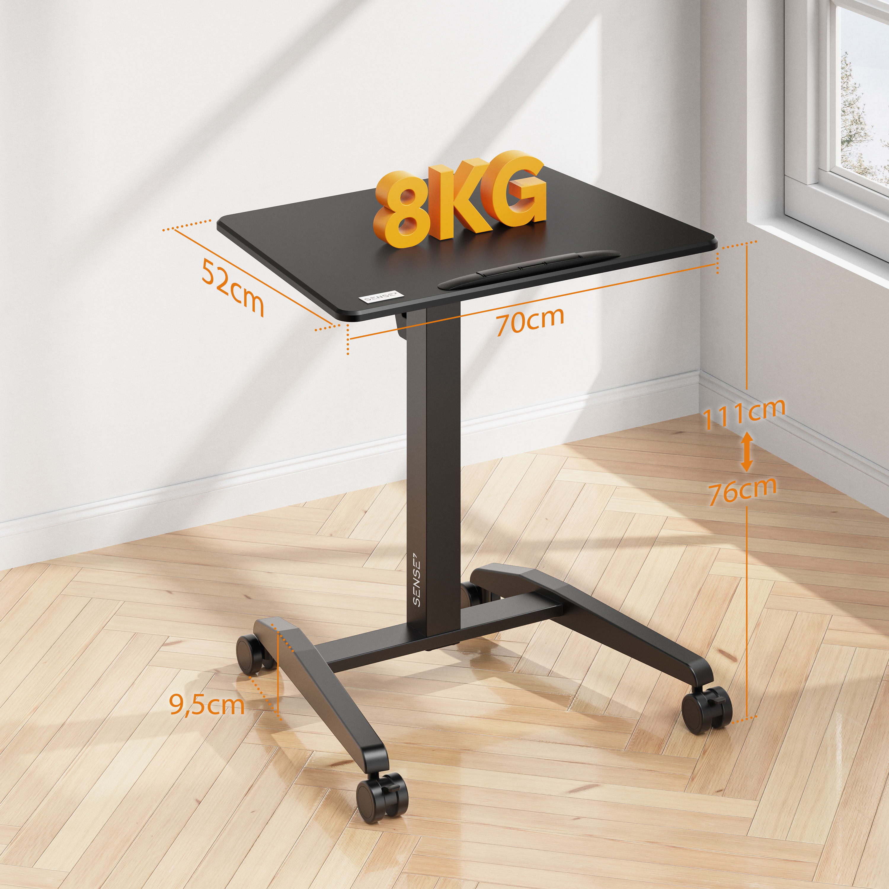 Schwarzer Schreibtisch, Abmessungen und Gewicht werden angezeigt. Der Schreibtisch steht in einer Ecke mit Holzboden.