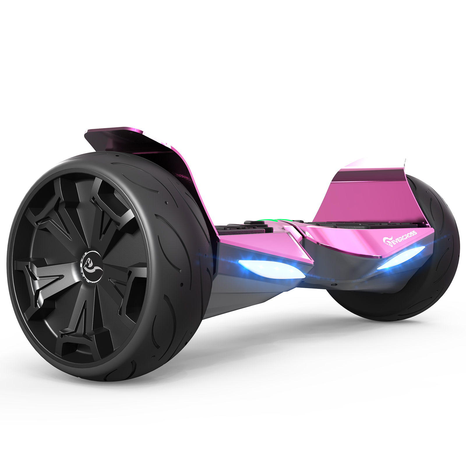 Pink hoverboard with black wheels, a silver frame, and blue lights.