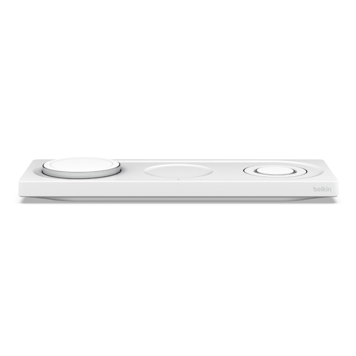 Wit draadloos oplaadstation voor meerdere apparaten, met een strak design.