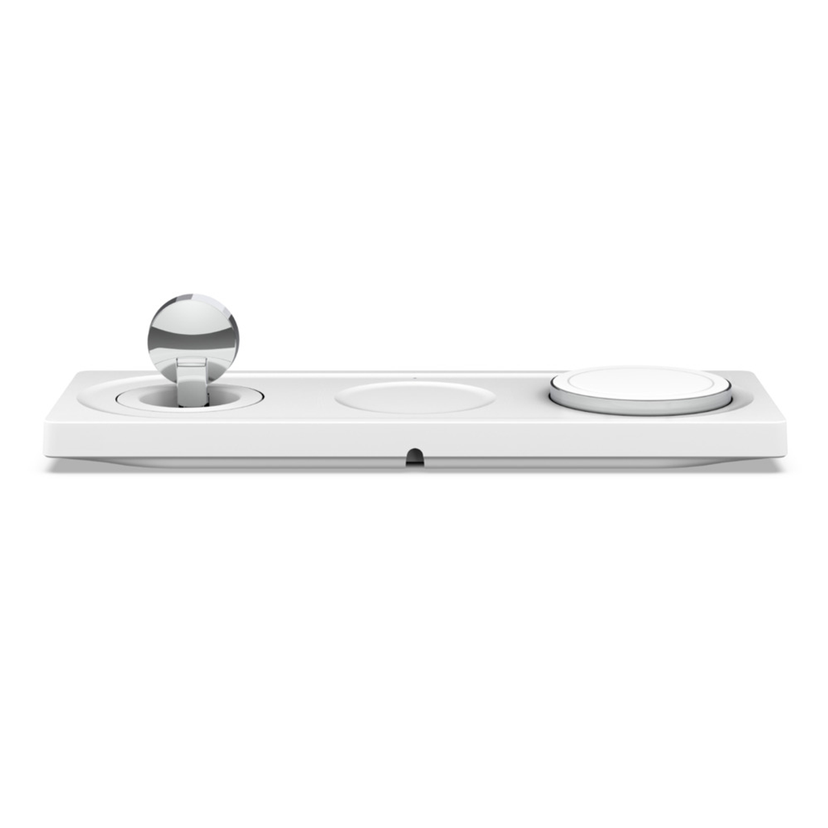 Wit draadloos oplaadstation met drie oplaadpunten, strak design.