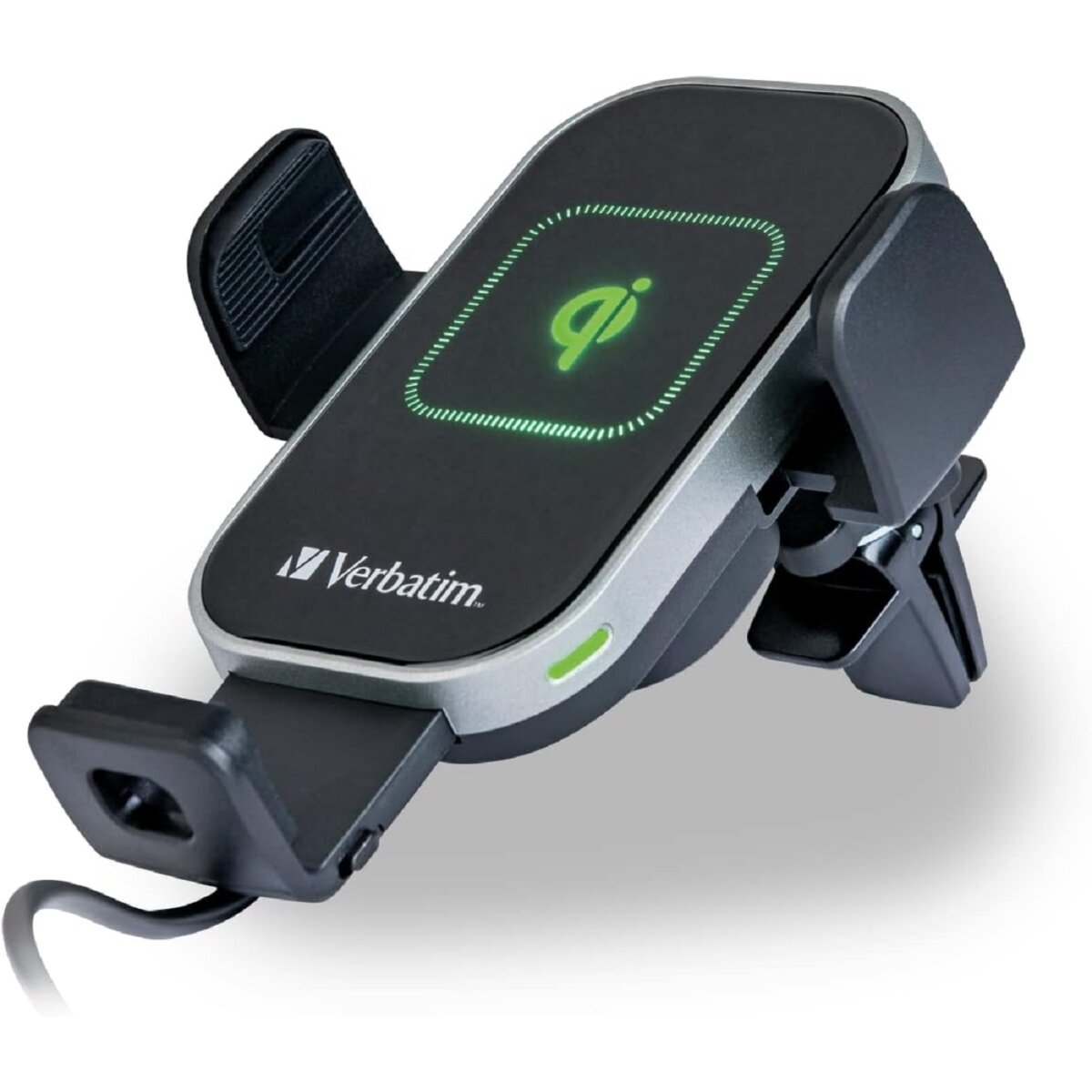 Cargador de teléfono para coche negro y plateado con indicador de carga verde y el logo Verbatim. Fondo blanco.
