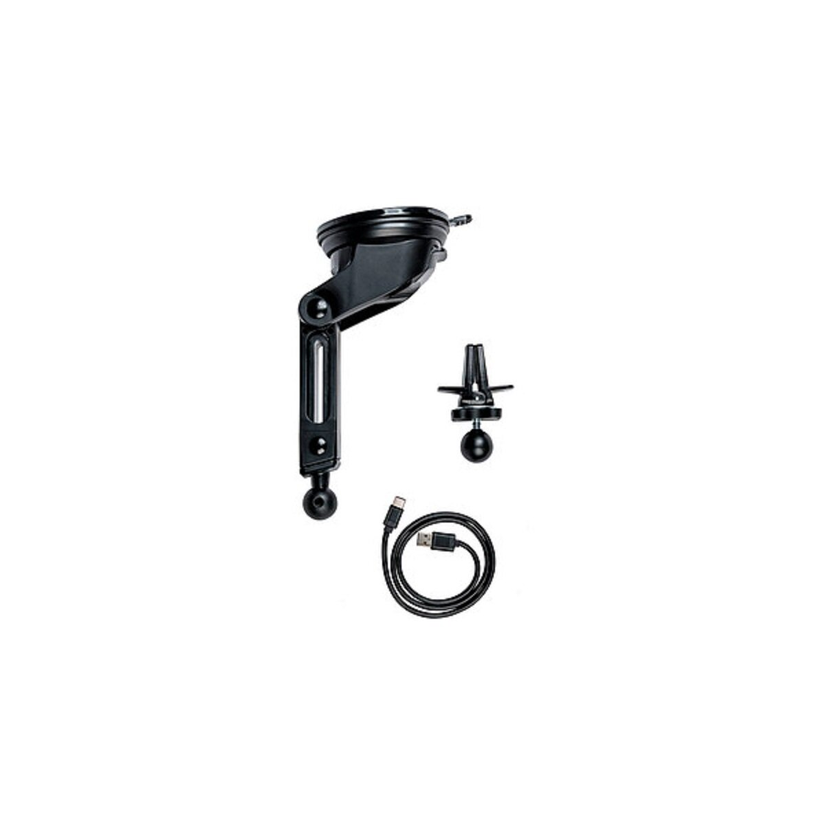 Soporte negro para teléfono de coche con cable USB sobre fondo blanco.