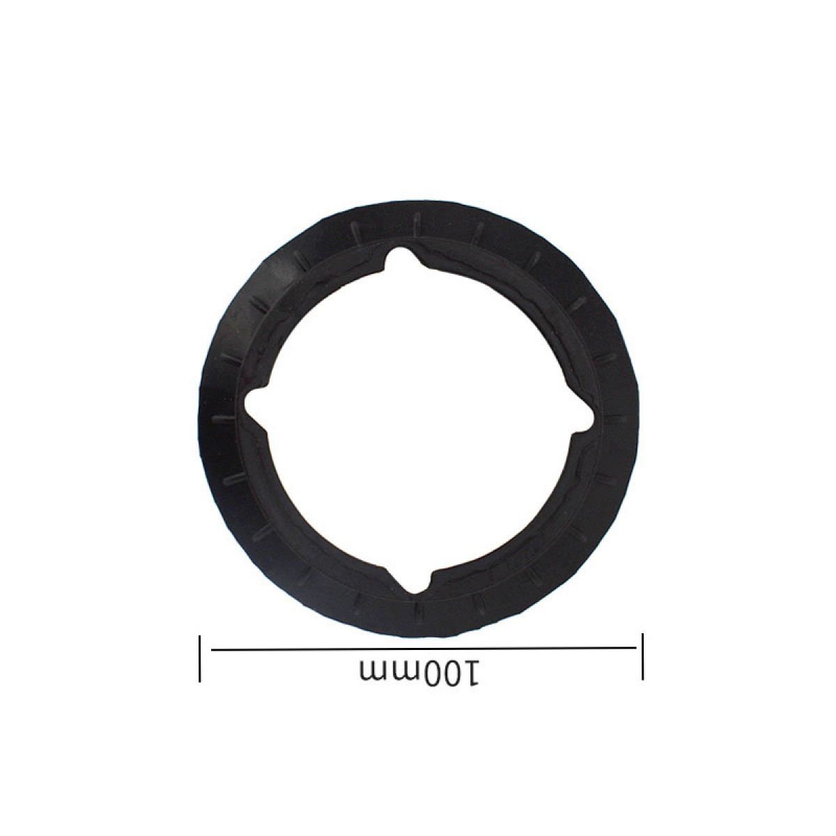 Czarny pierścień kołowy z wycięciami. Widoczny wymiar 100 mm.