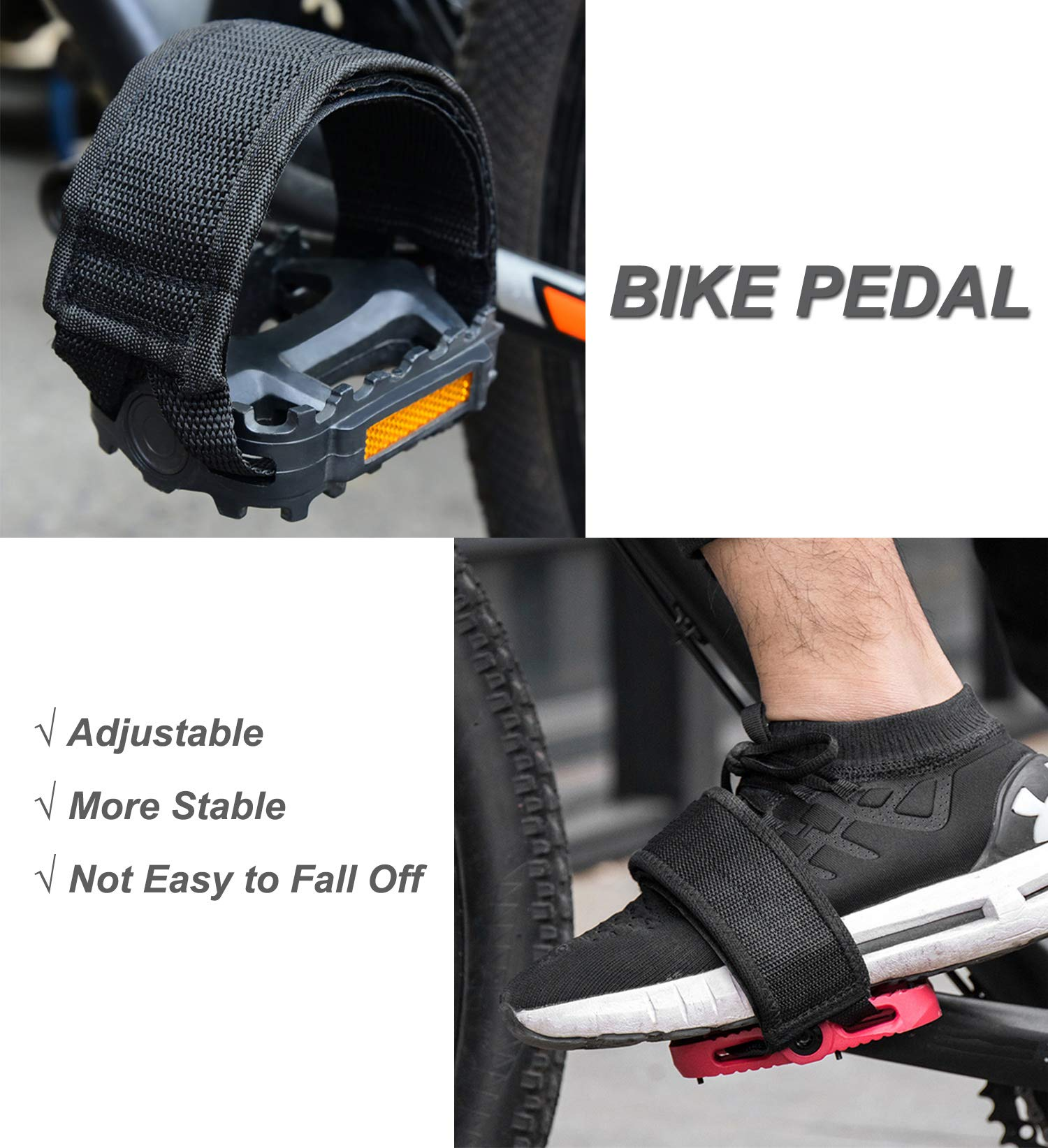 Person trägt einen schwarzen Riemen an einem Fahrradpedal. Text sagt: 'Fahrradpedal'.