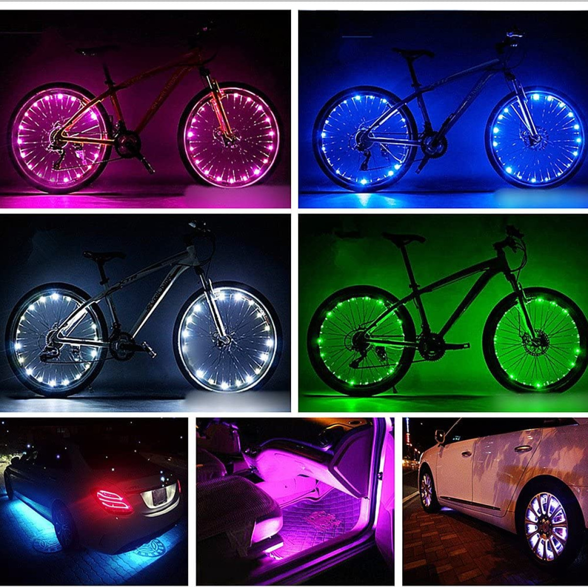 Mehrere Bilder zeigen Fahrräder und Autos mit LED-Leuchten an den Rädern und unter dem Auto. Verschiedene Farben werden gezeigt.