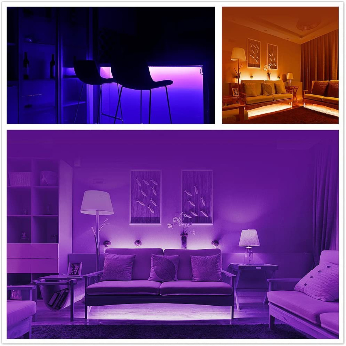Mehrere Bilder eines violett beleuchteten Raumes. Enthält Bar, Wohnzimmer und Schlafzimmer.
