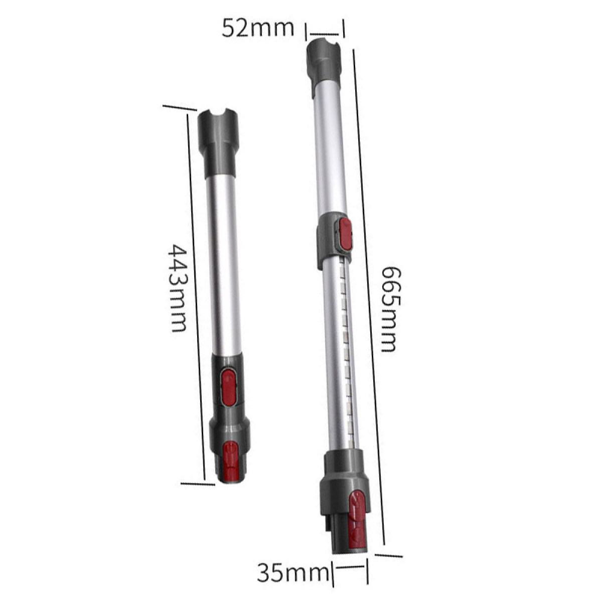 Dwie rury przedłużające do odkurzacza, jedna krótsza od drugiej, z wymiarami.