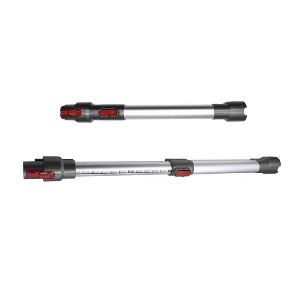 Dwie rury przedłużające do odkurzacza, srebrne i czarne, z czerwonymi przyciskami, na białej powierzchni.