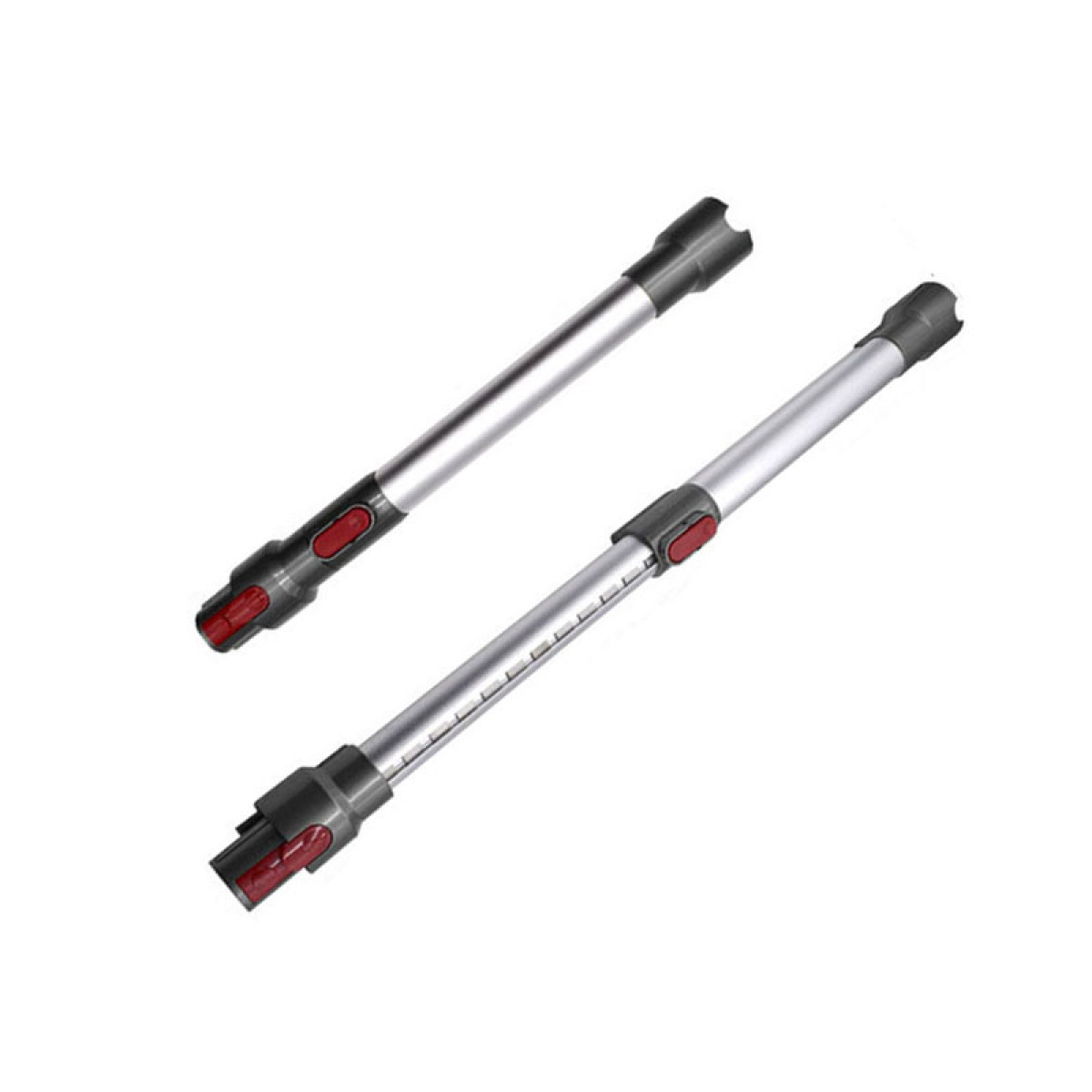 Dwie srebrno-czarne rury przedłużające do odkurzacza. Rury mają czerwone przyciski.