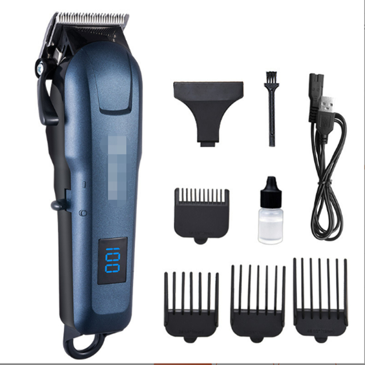 Niebiesko-czarna maszynka do strzyżenia z akcesoriami, w tym nasadkami grzebieniowymi i kablem USB.