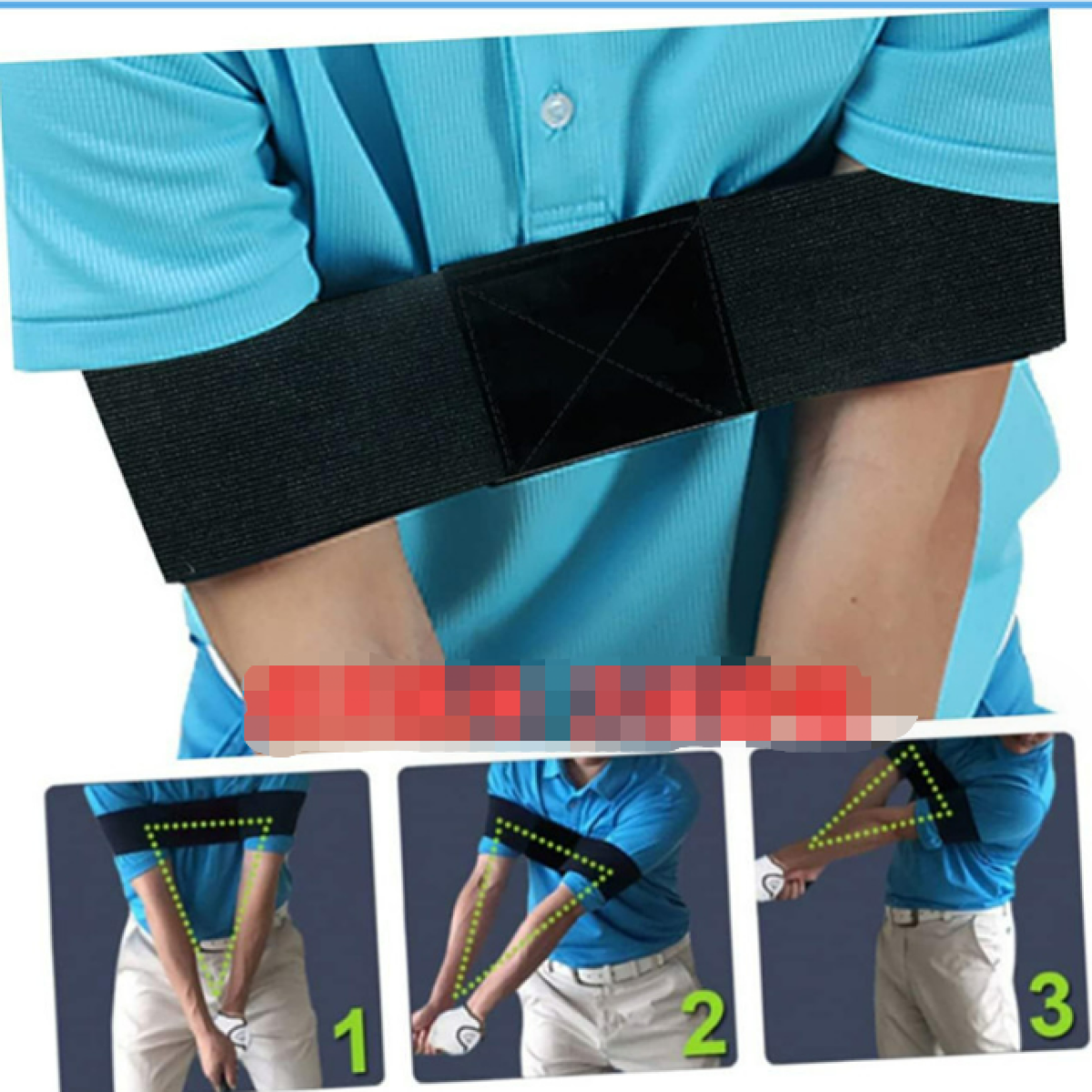 Un uomo con una camicia blu con una fascia nera sulle braccia. Tre immagini mostrano il movimento del braccio.