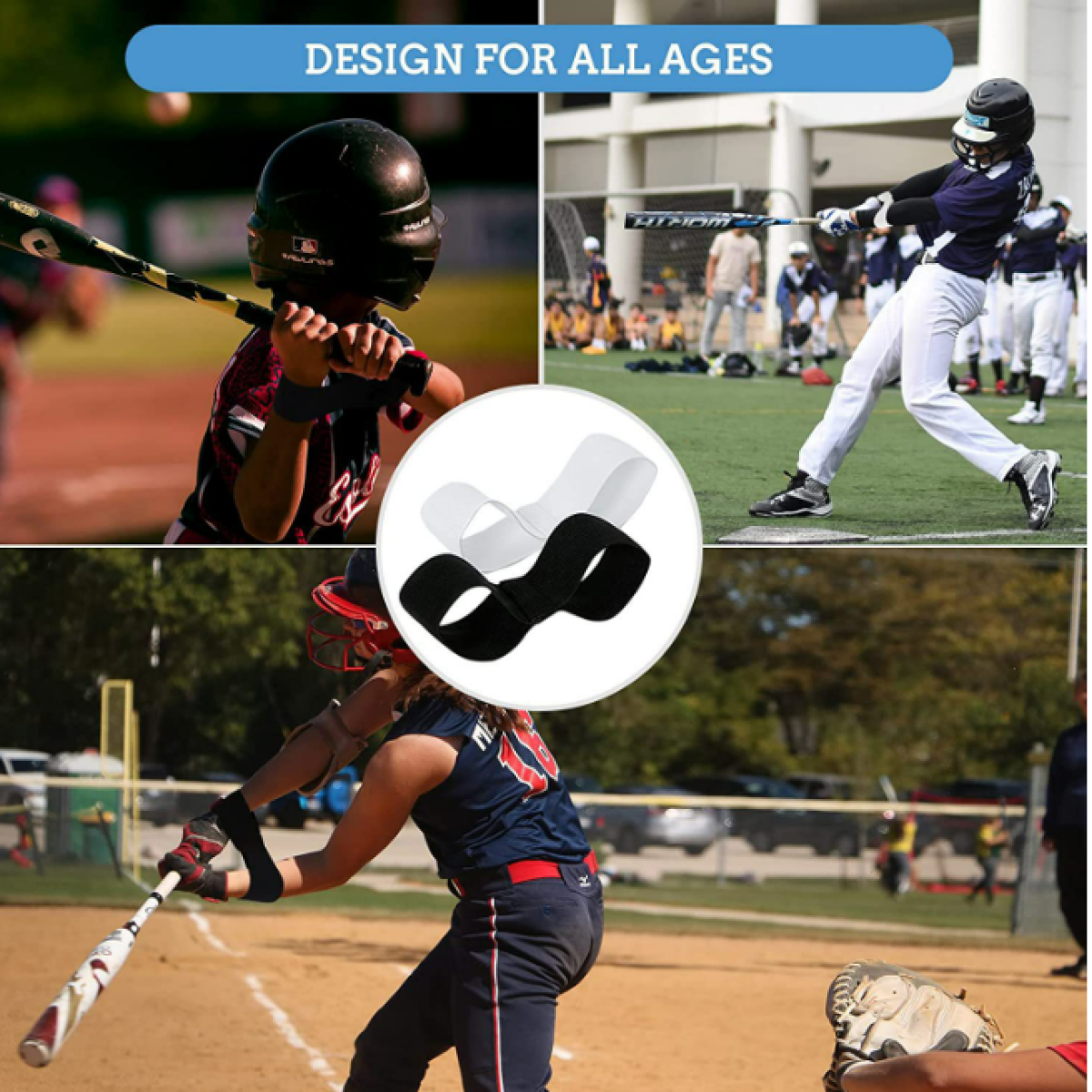 Foto di giocatori di baseball. Le immagini includono un ragazzo e una ragazza con bracciali e attrezzatura da baseball.