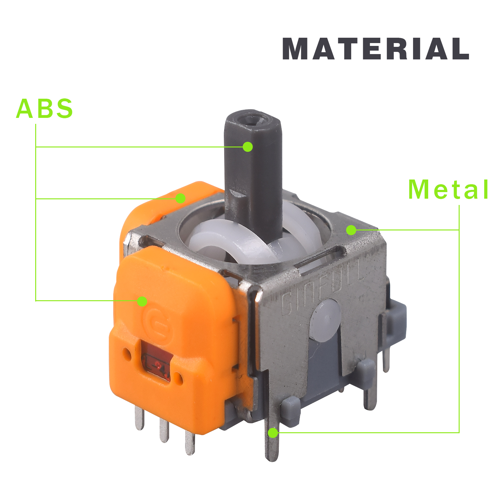 Joystick kontrolera gier z pomarańczowym tworzywem ABS, metalowymi elementami i czarnym patyczkiem.