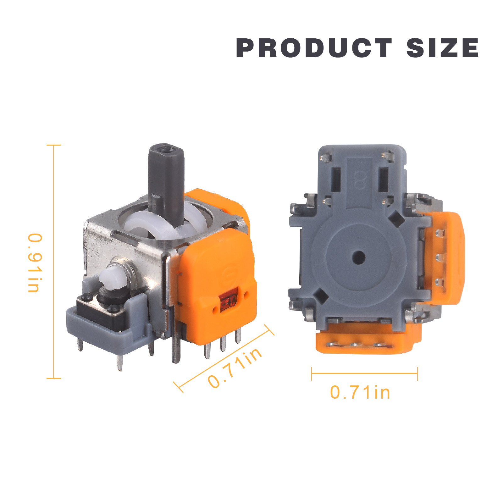 Dwa joysticki do kontrolera gier. Wymiary są oznaczone: 0,91 cala wysokości, 0,71 cala szerokości. Pomarańczowy i szary.
