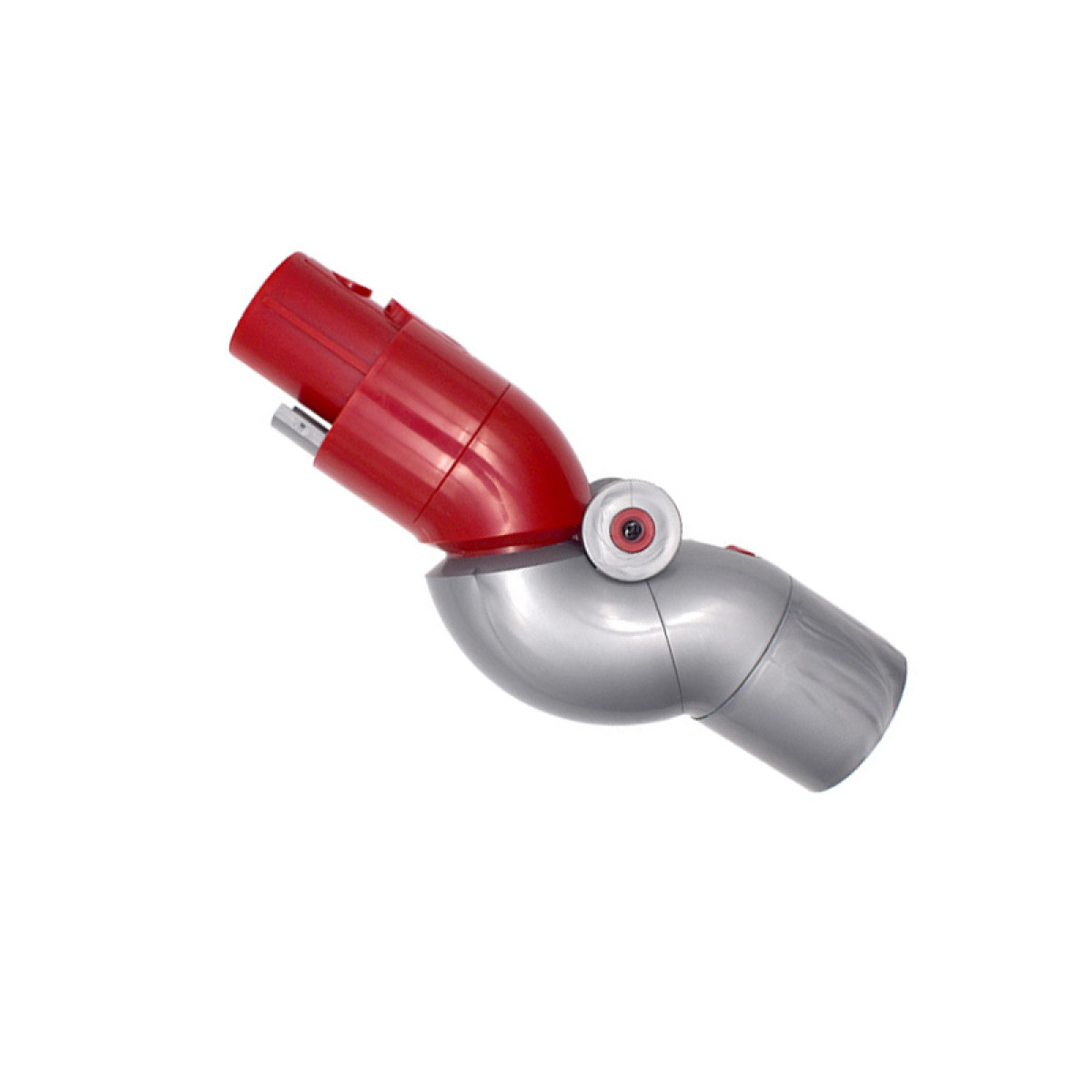 Czerwona i srebrna nasadka do odkurzacza. Jest zgięta i ma przegub, na białym tle.