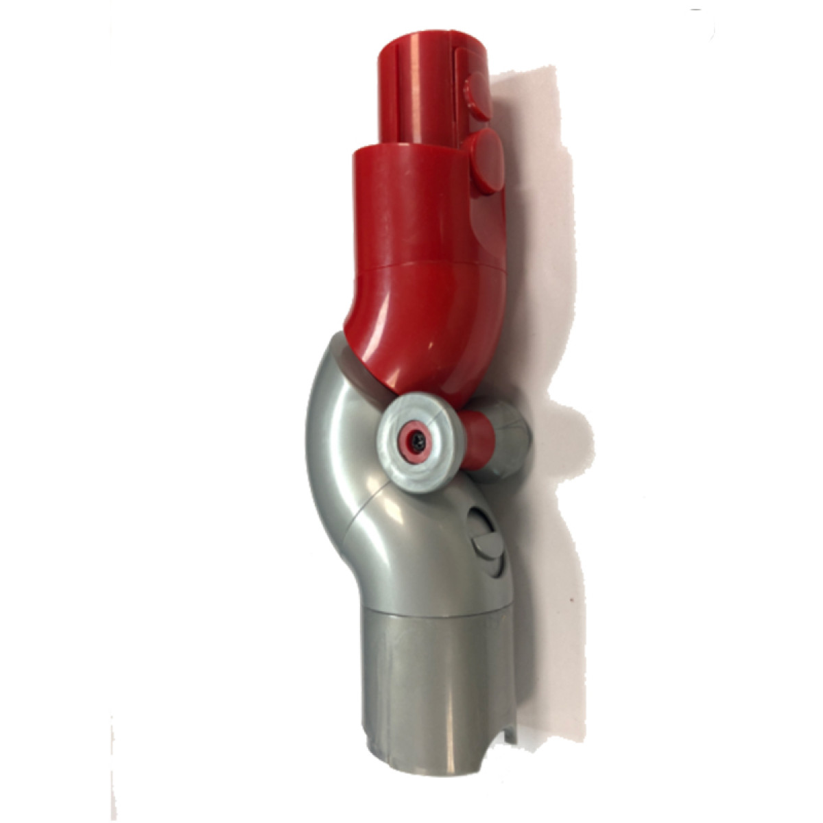 Czerwona i srebrna nasadka do odkurzacza. Jest zgięta i ustawiona pod kątem, na białym tle.