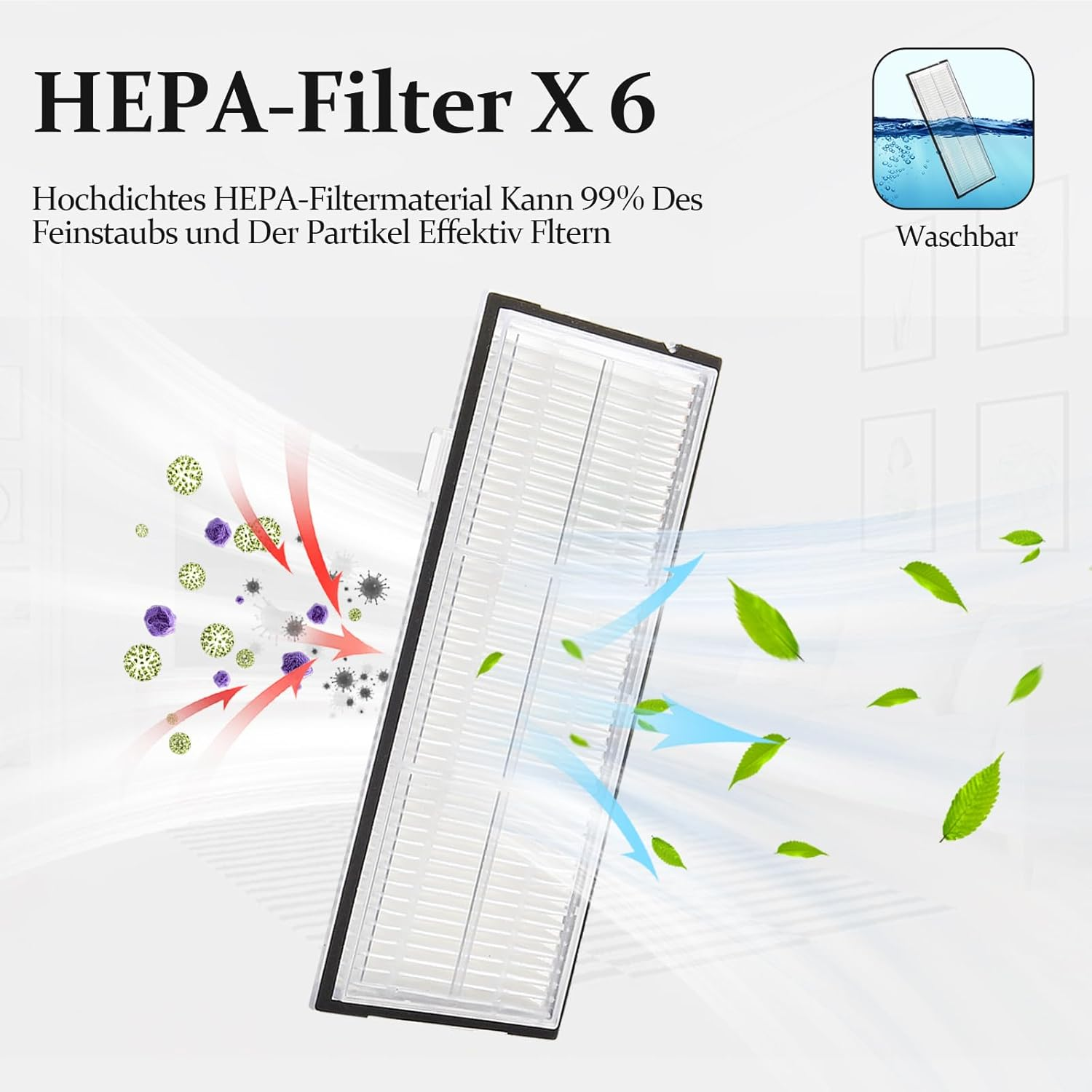 Filtr HEPA do oczyszczacza powietrza. Jest biały z czarną ramką. Obraz przedstawia strzałki i zielone liście.