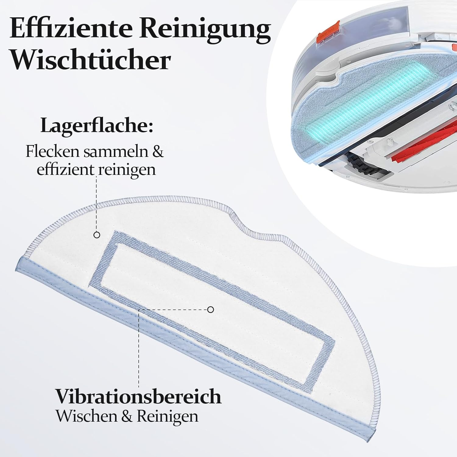 Biała ściereczka do czyszczenia z niebieską obwódką, tekstem u góry i diagramem ilustrującym cechy.