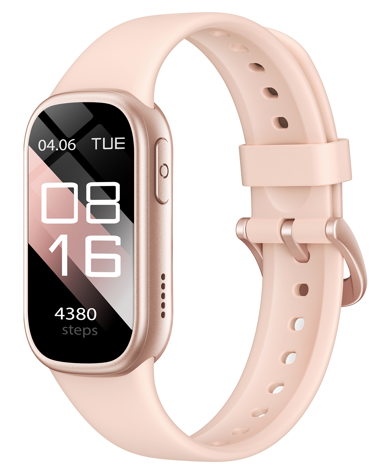 Różowy smartwatch z jasnoróżowym paskiem, wyświetlający datę, godzinę i kroki na ekranie.