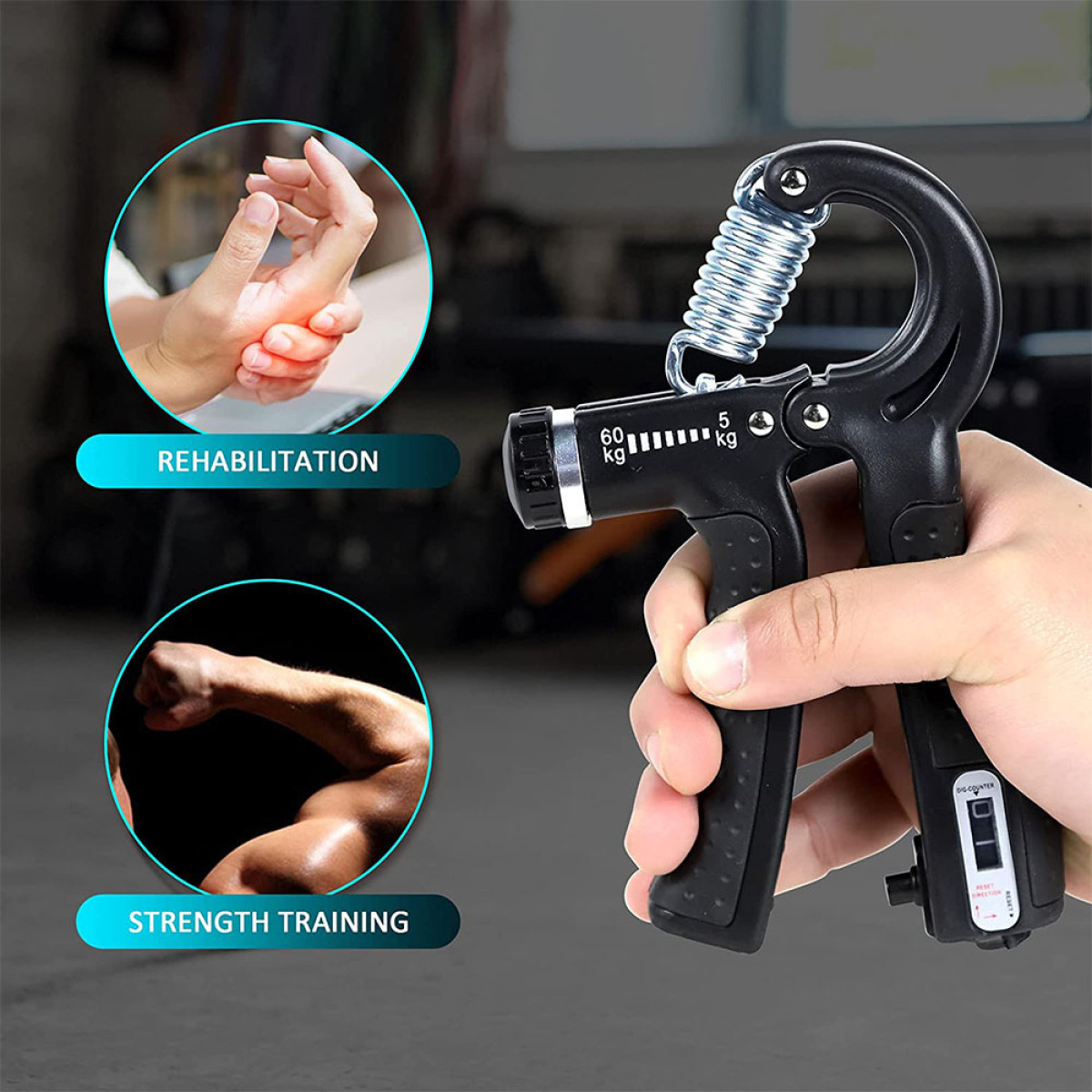 Un hand gripper nero con testo sulla riabilitazione e l'allenamento della forza.