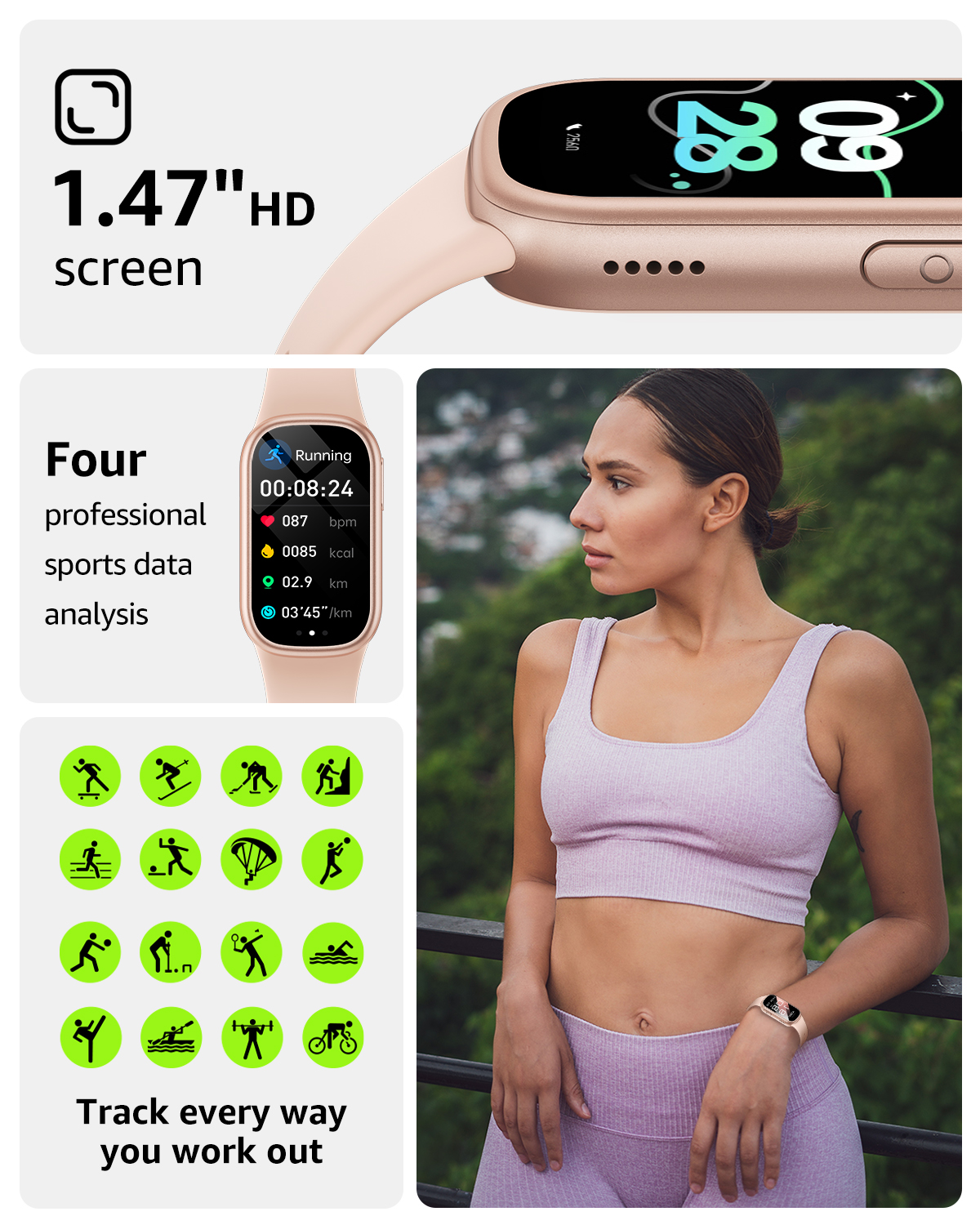 Kobieta nosząca smartwatch, z analizą danych sportowych i ikonami.