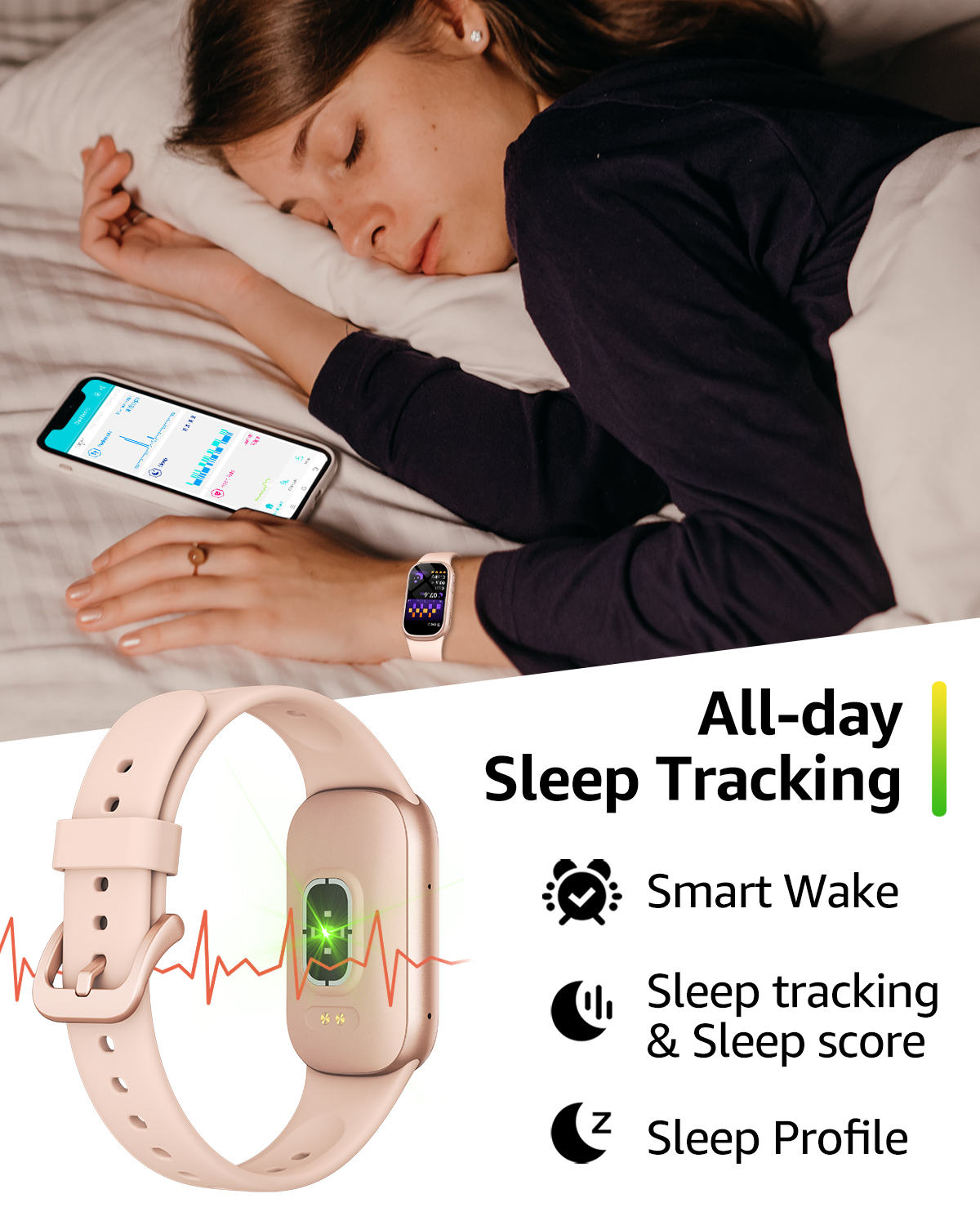 Kobieta w łóżku z smartwatchem, dane śledzenia snu na telefonie.