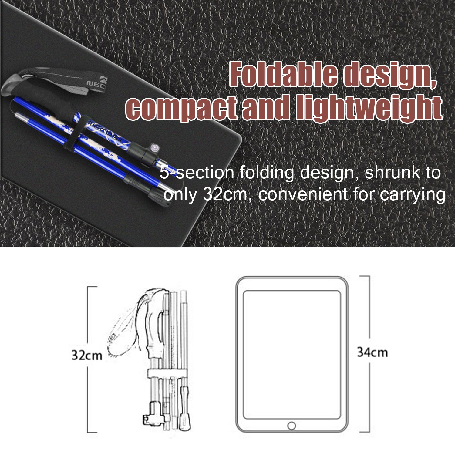 Składane kije do chodzenia w etui i diagram pokazujący wymiary kija.