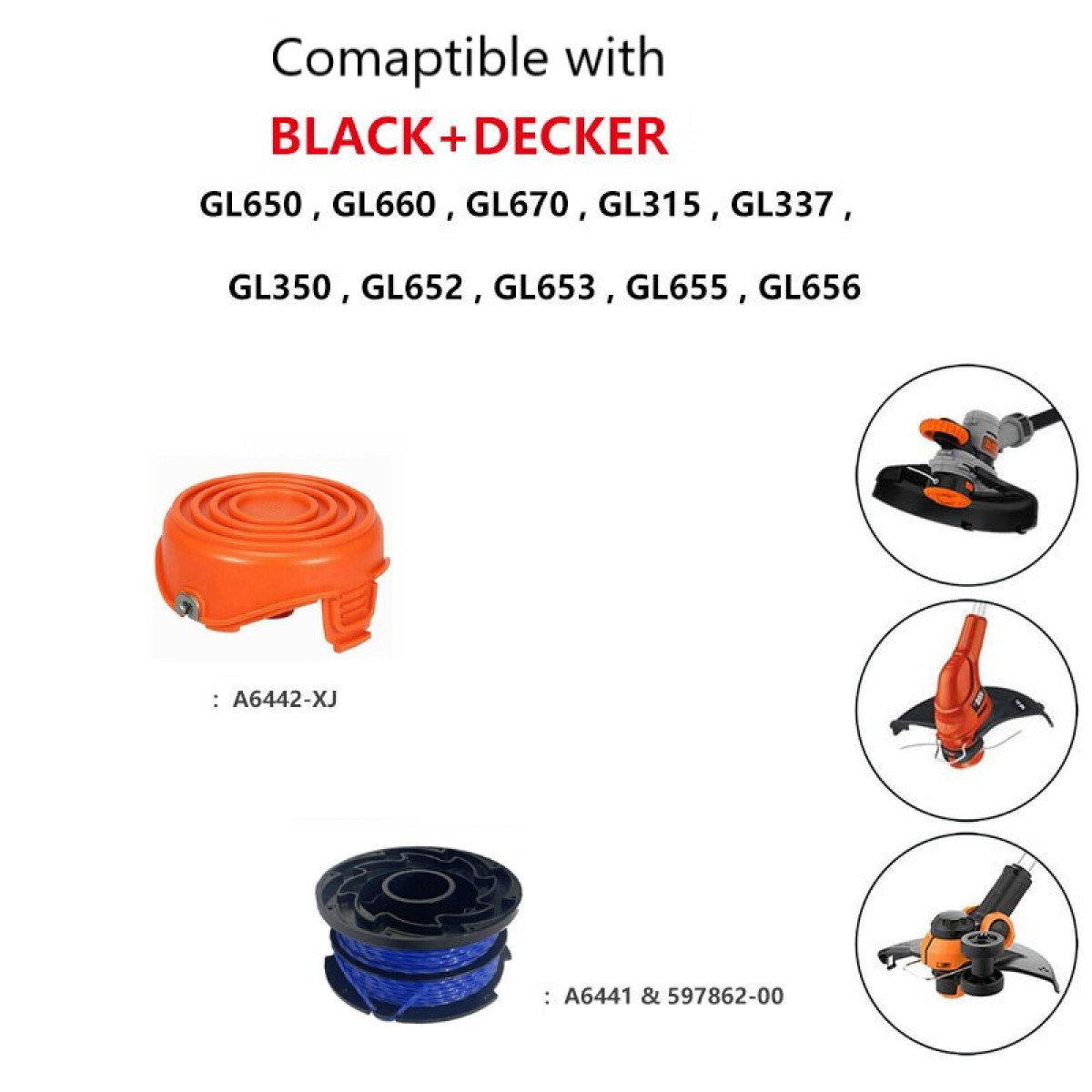 Części trymera Black+Decker: pomarańczowa osłona szpuli, niebieska szpula żyłki i schematy.