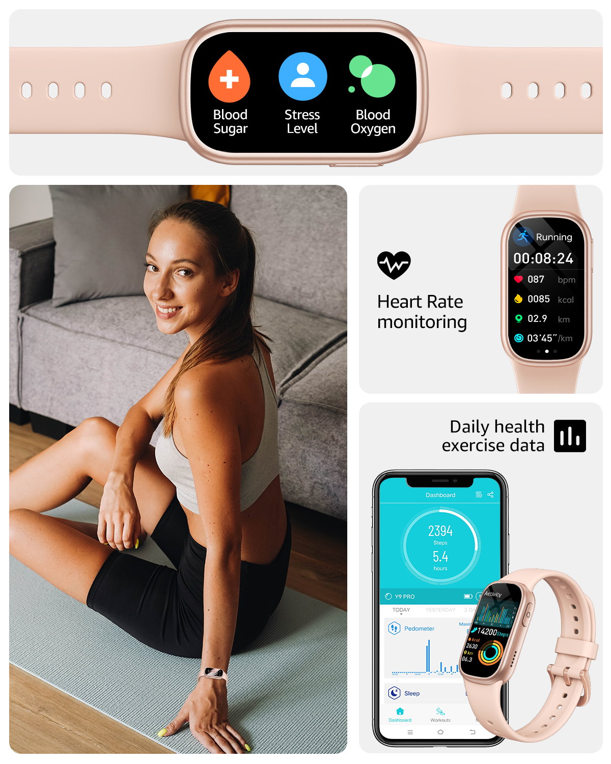 Kobieta siedząca z smartwatchem, wyświetlająca wskaźniki zdrowia i telefon z danymi.