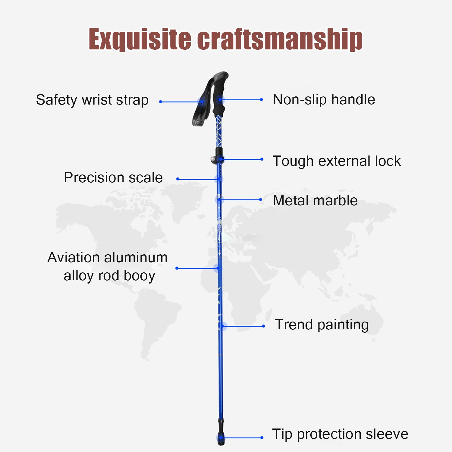 Niebiesko-czarny kijek trekkingowy. Etykiety podkreślają cechy takie jak uchwyt, blokada i pasek bezpieczeństwa.