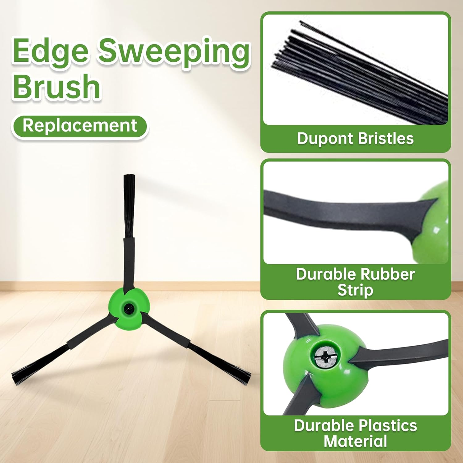 Zbliżenie zielono-czarnej szczotki do zamiatania krawędzi do robota odkurzacza.