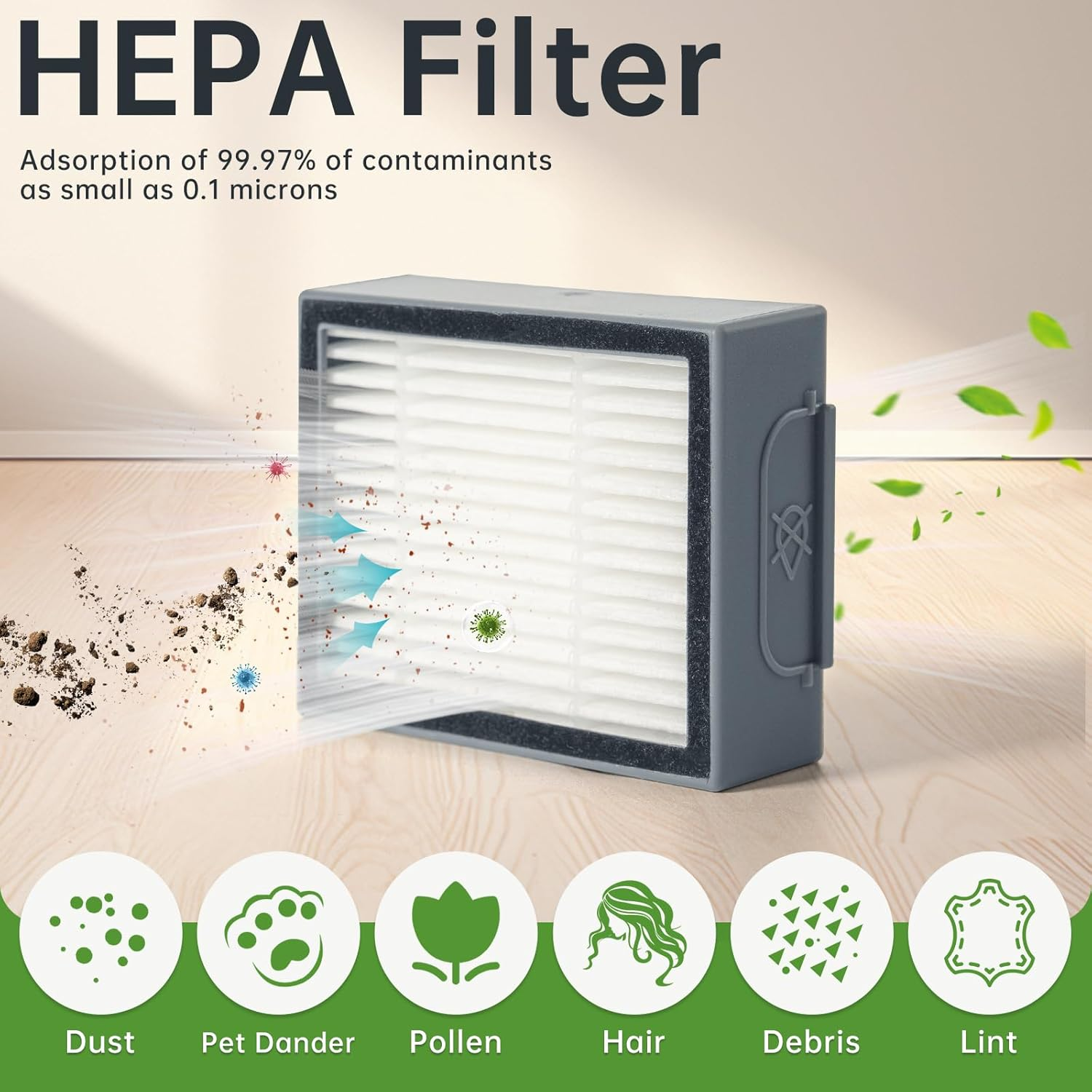 Filtr HEPA z ikonami kurzu, włosów i pyłków. Filtr jest szary z białym plisowanym papierem.