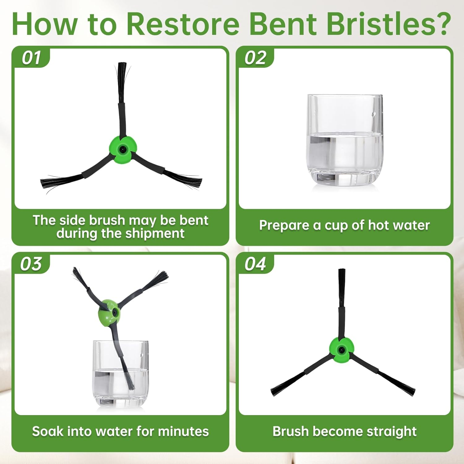 Instrukcje dotyczące przywracania wygiętych włosów szczotki bocznej. Kroki obejmują moczenie w gorącej wodzie.