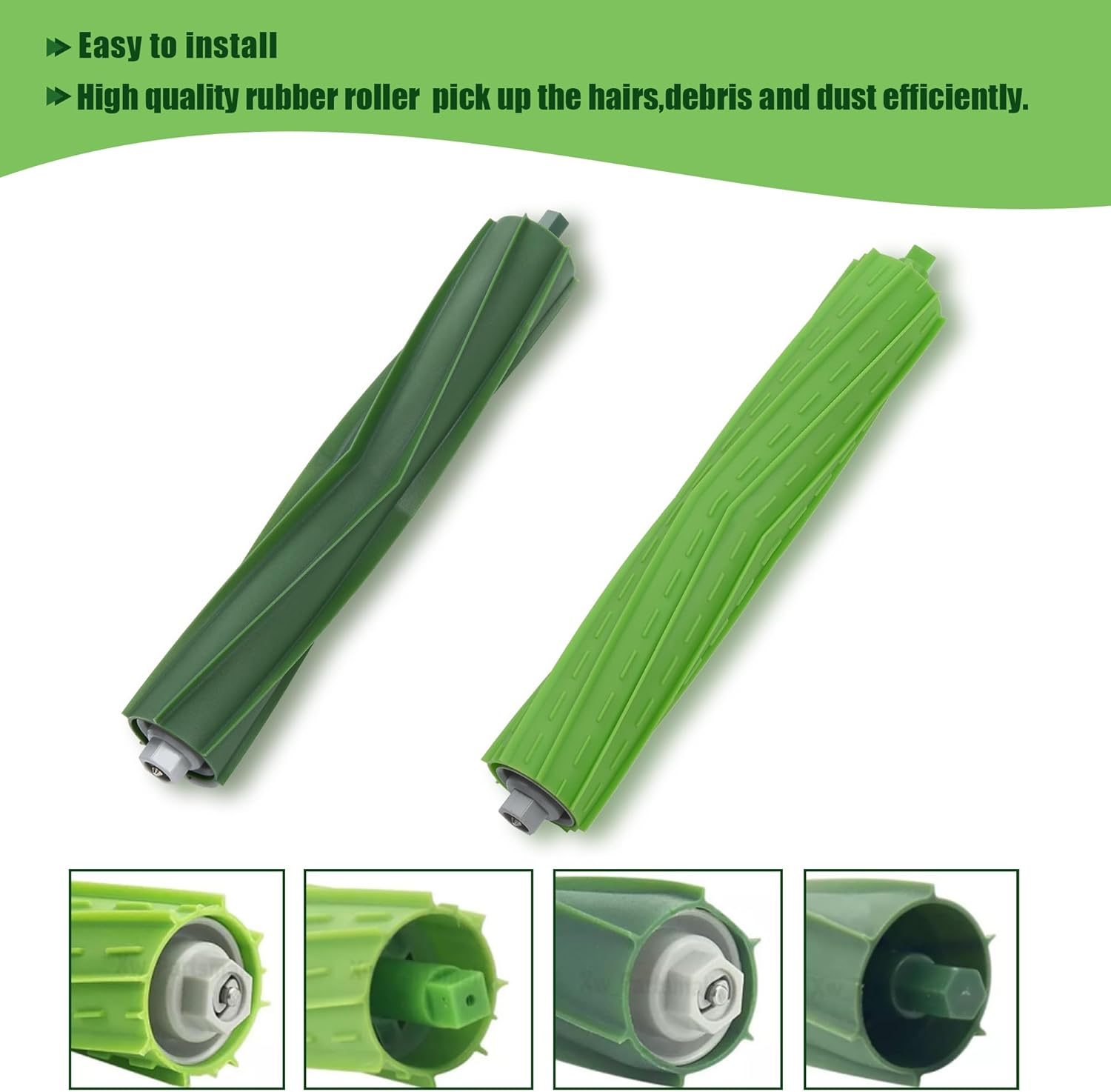 Dwie zielone, zakrzywione szczotki rolkowe do odkurzacza. Szczegóły pokazują rowki i punkty mocowania szczotki.